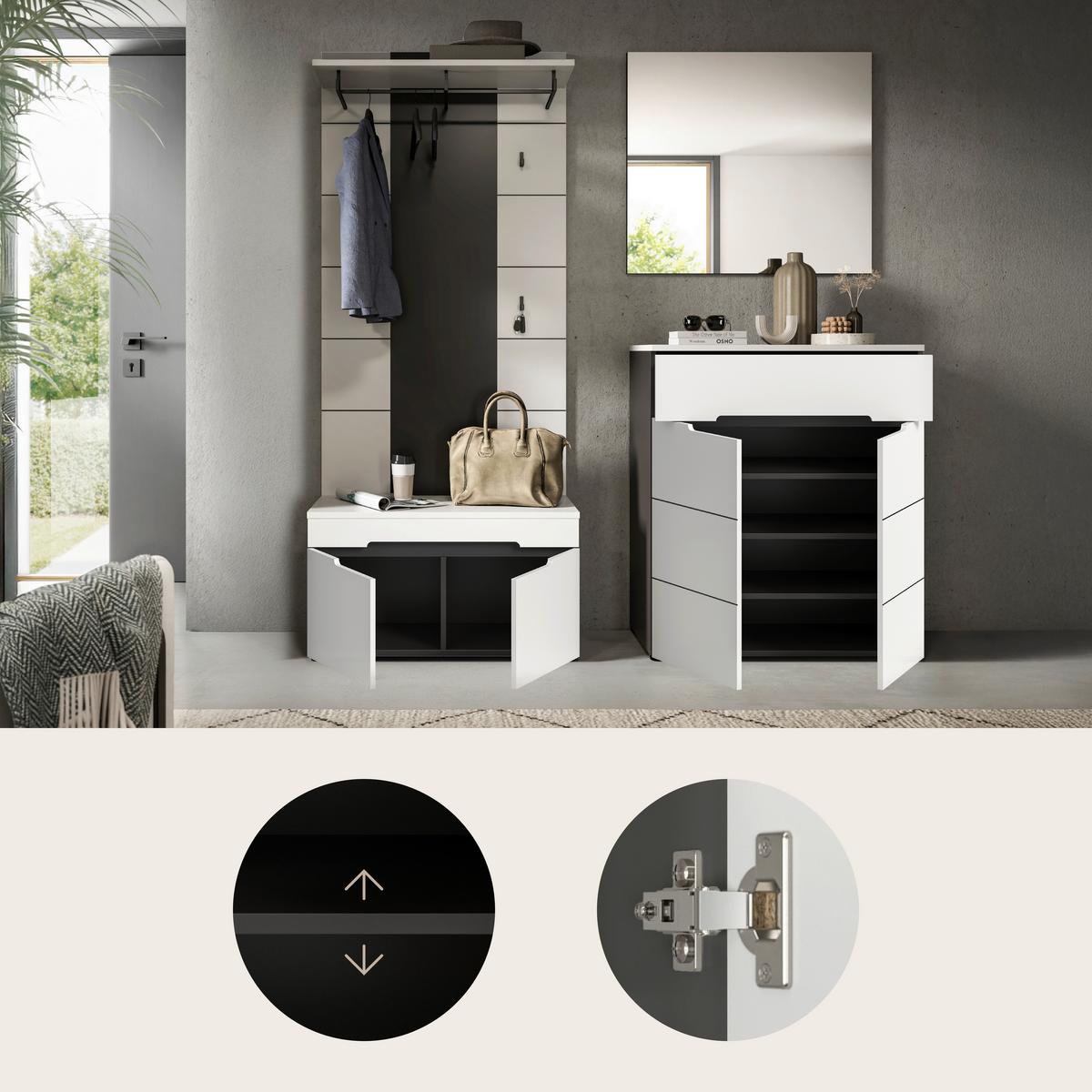 Garderobe Canu 4-Teilig Grau/Weiß B: 175 cm - Weiß/Grau, Design, Holzwerkstoff (175/190/37cm) - Livetastic