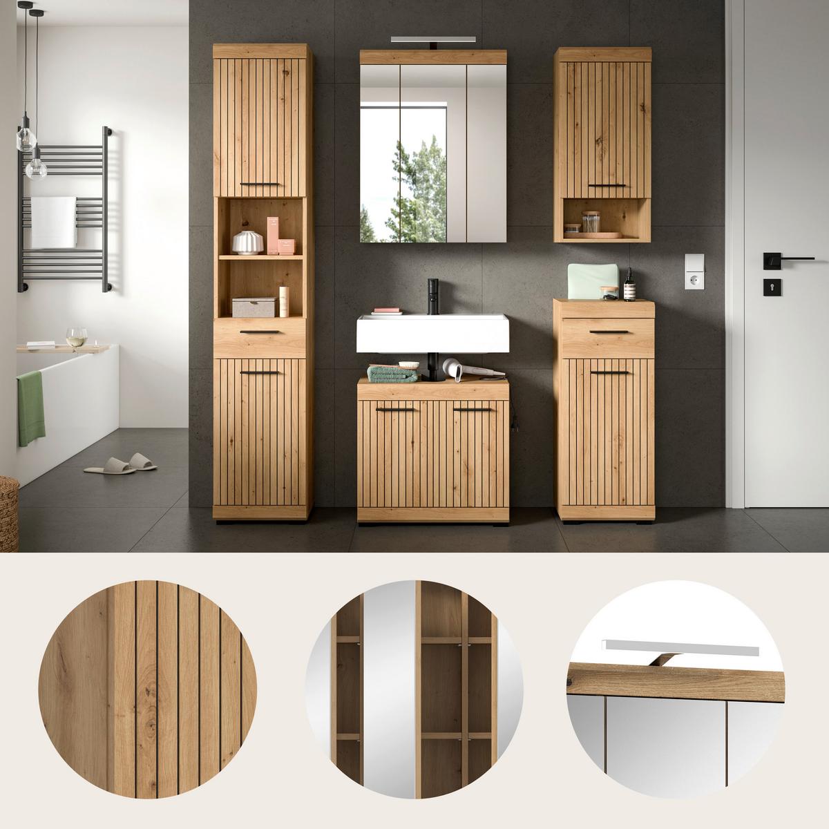 Badezimmer Scout Eiche Artisan Dekor B: 134cm - Eiche Artisan, Trend, Glas/Holzwerkstoff (134cm) - MID.YOU