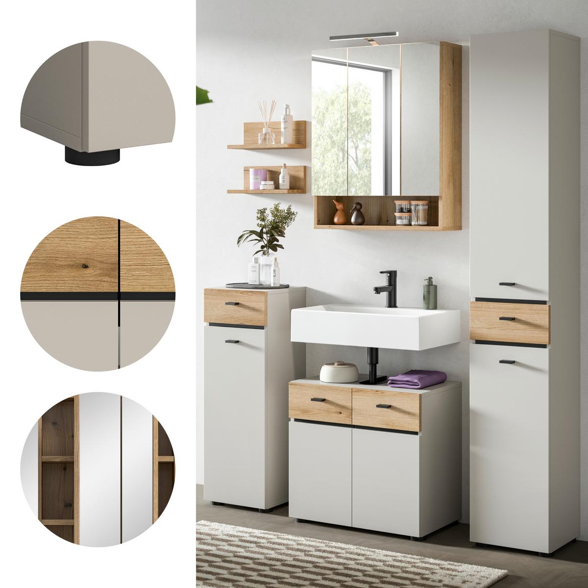 Badezimmer Aqua Kaschmir/Eichefarben B: 124cm - Kaschmir/Eichefarben, Trend, Glas/Holzwerkstoff (124cm) - MID.YOU