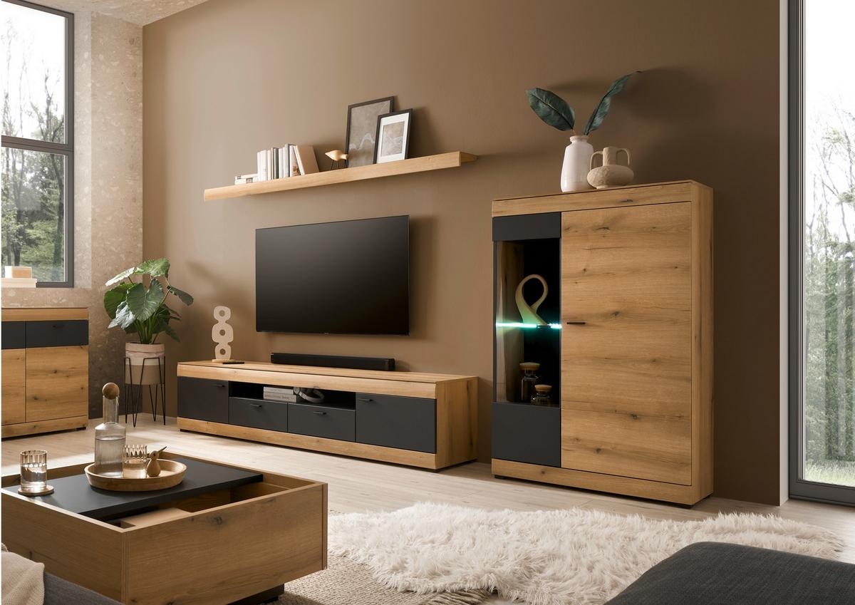 Wohnwand Soleto Graphit/Eichefarben B: 300cm - Eichefarben/Schwarz, Design, Glas/Holzwerkstoff (300/170/45cm) - MID.YOU