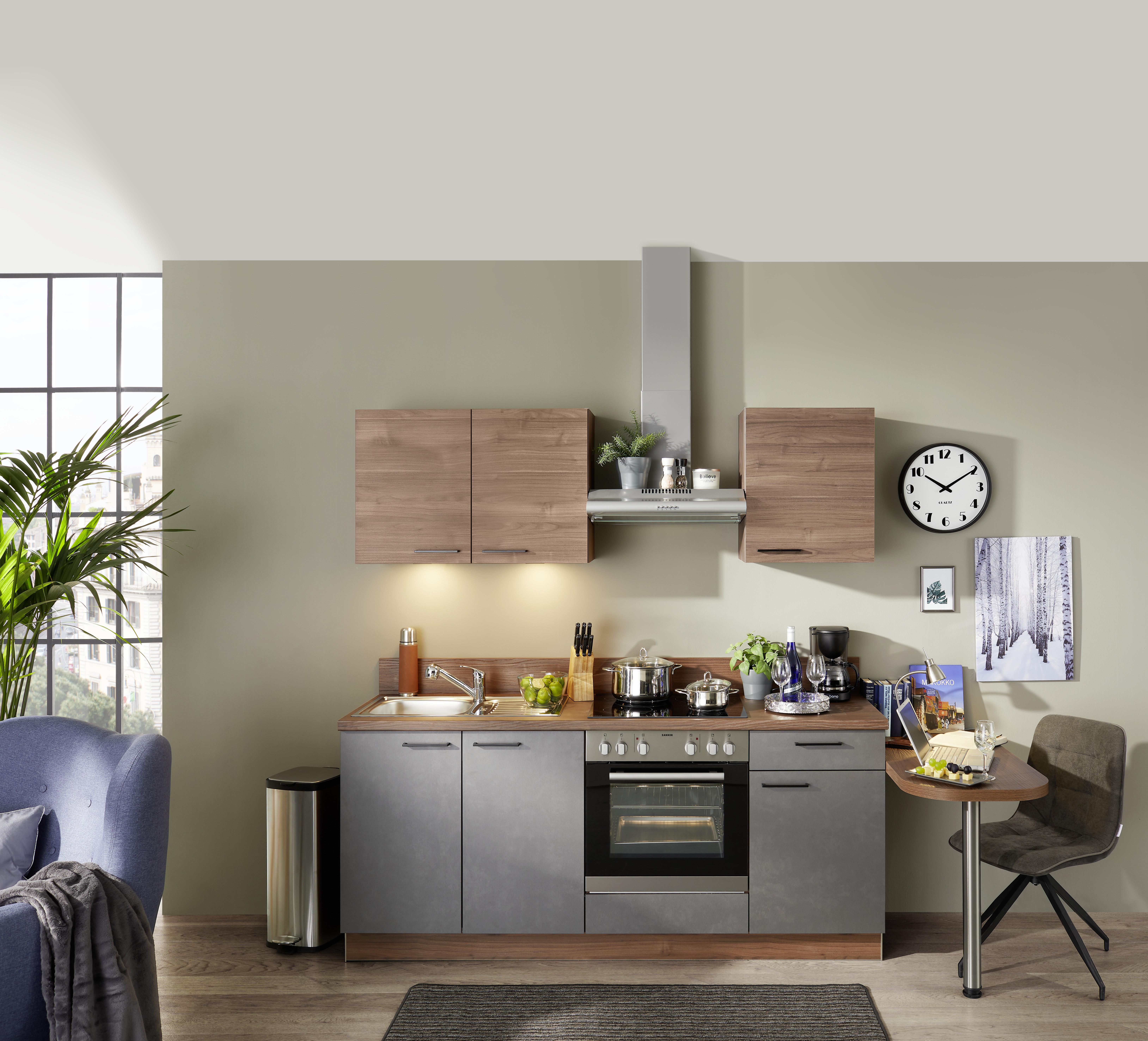Küchenzeile Base mit Geräten 200 cm Stahl-/Nussfarben - Nussbaumfarben, Design, Holzwerkstoff (200cm) - Express