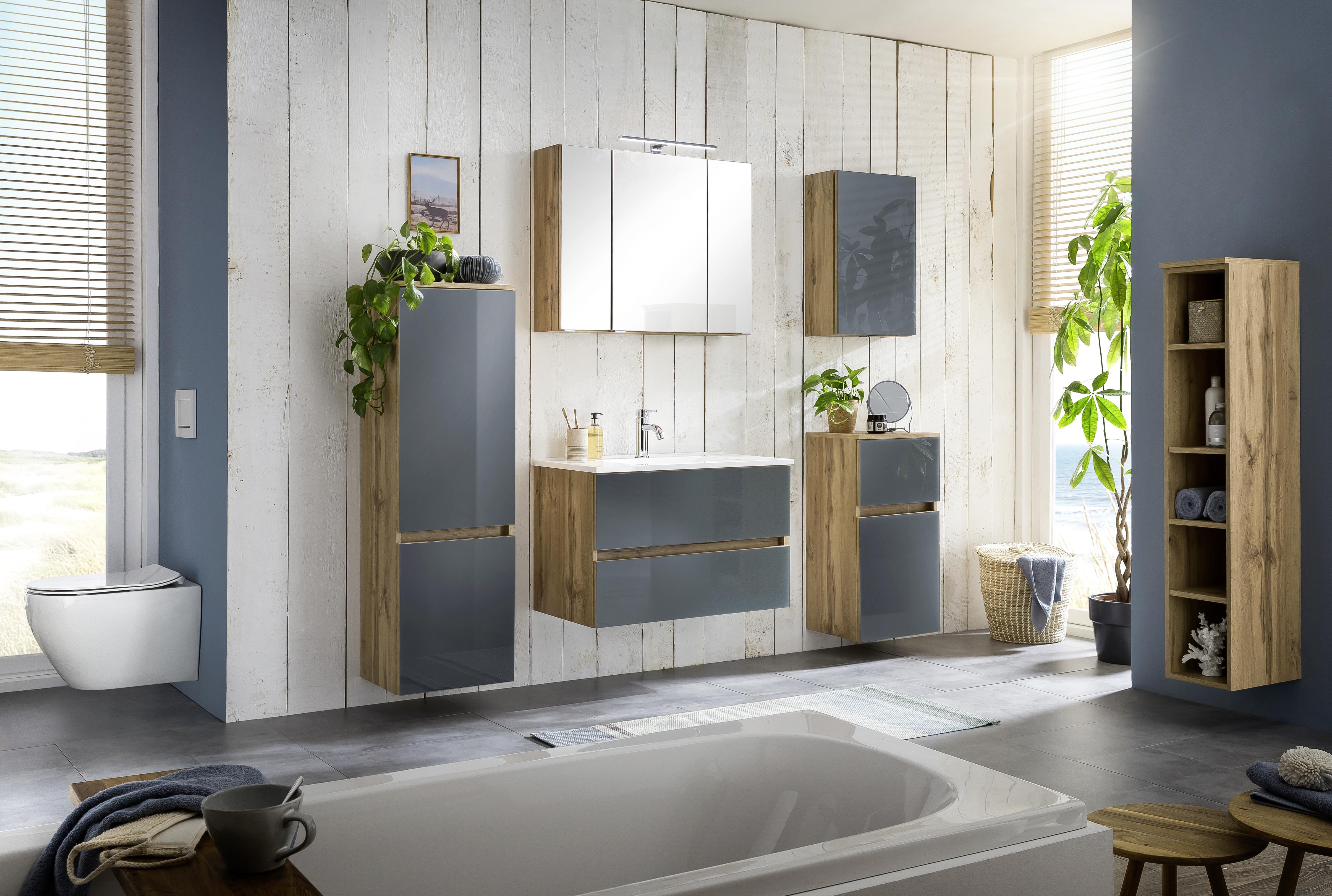 Waschbecken mit Unterschrank B: 80 cm Grau/Eiche Dekor - Eichefarben/Weiß, KONVENTIONELL, Glas/Holzwerkstoff (80cm) - Held