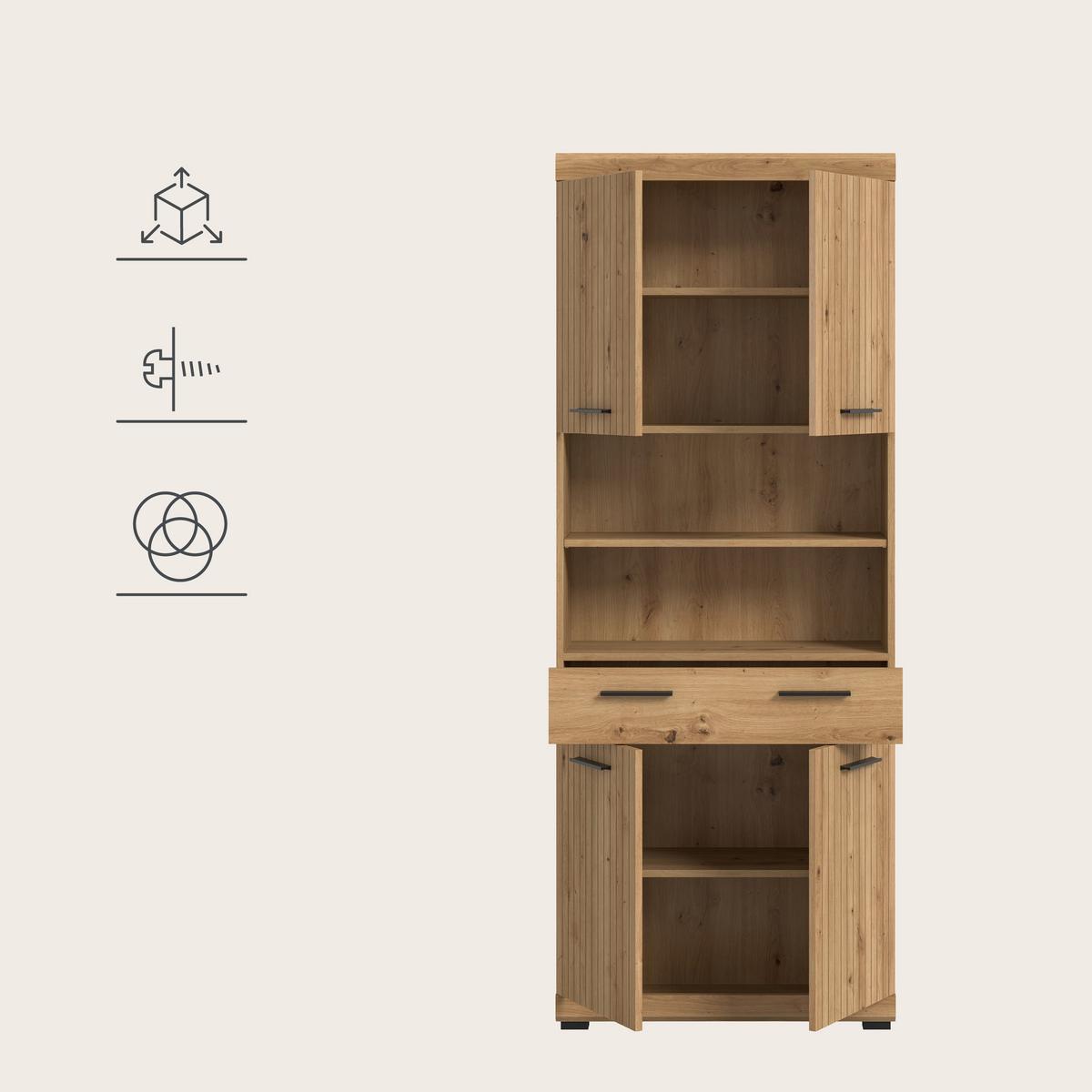 Hochschrank Scout Eiche Artisan Dekor B: 74cm - Schwarz/Eiche Artisan, Trend, Holzwerkstoff (74/191/31cm) - MID.YOU