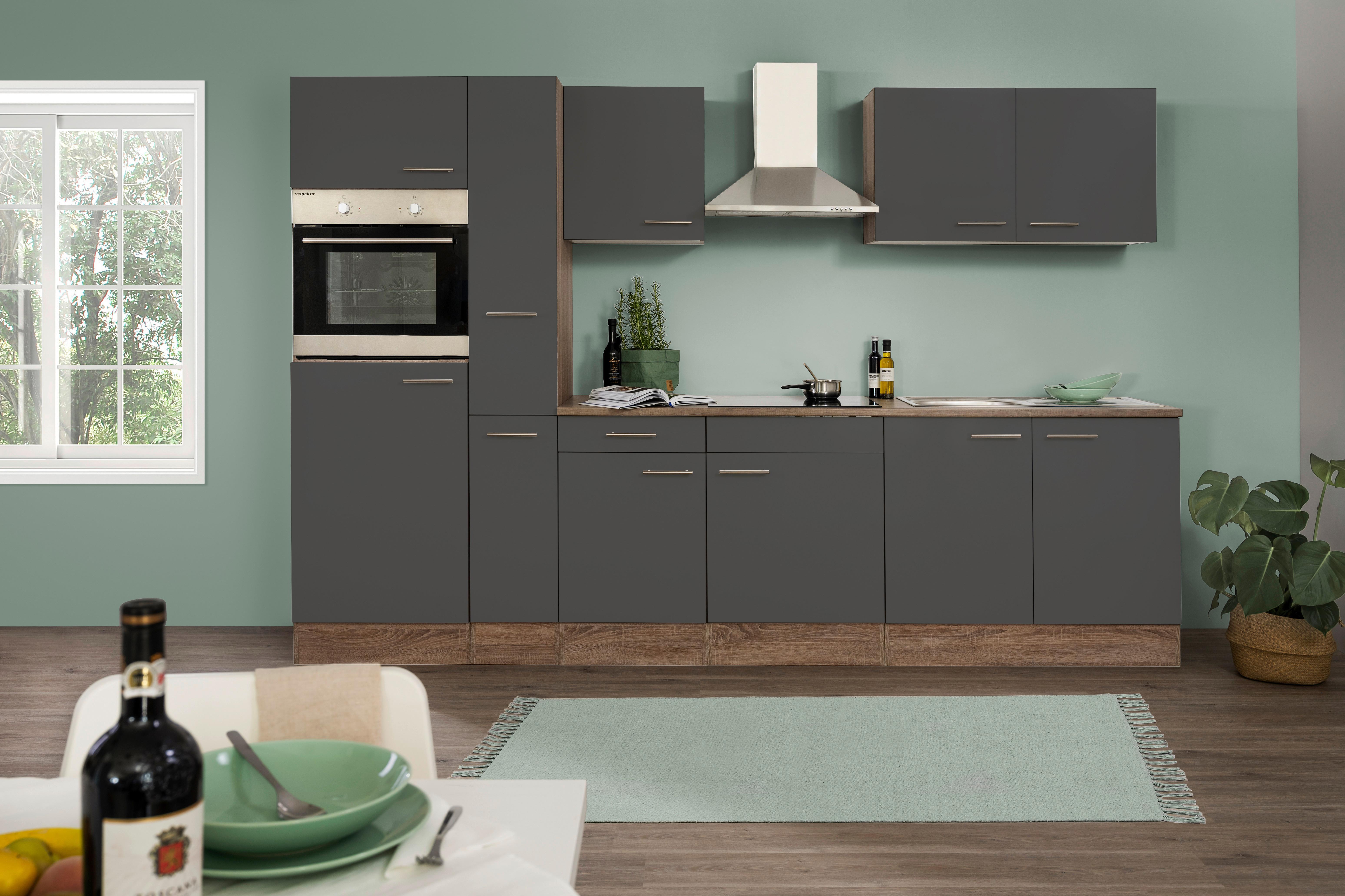 Küchenzeile mit Geräten B: 300 cm Grau/Eiche Dekor - Eichefarben/Weiß, Design, Holzwerkstoff (300cm) - Respekta