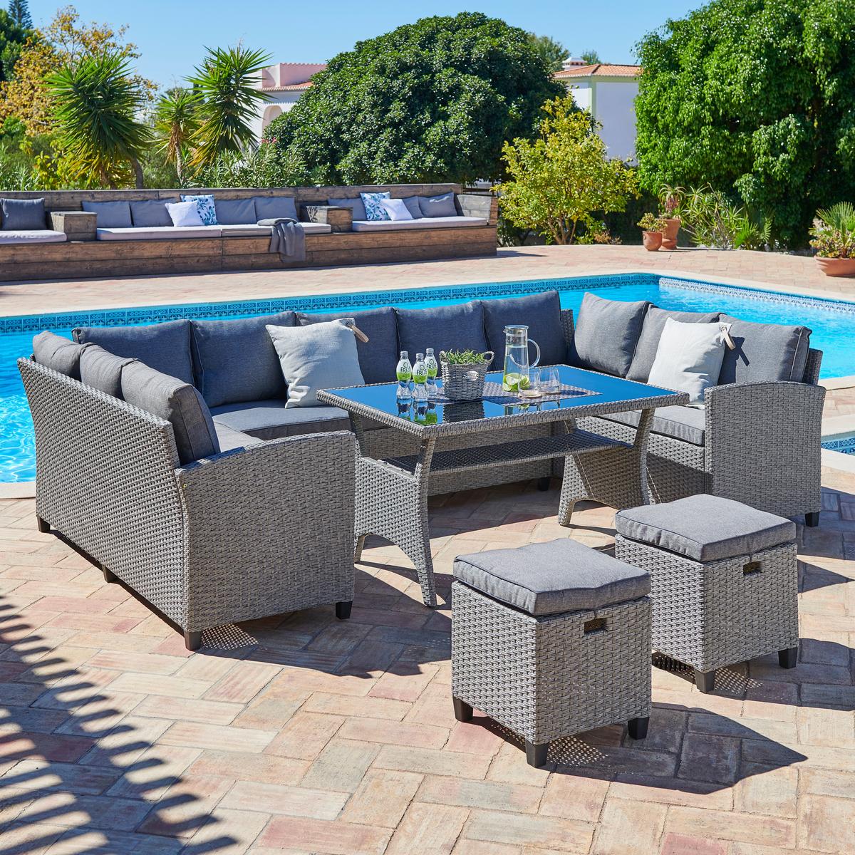 Loungegarnitur 6-Tlg Athena in Rattan-Optik mit Kissen - Schwarz/Grau, MODERN, Glas/Kunststoff - Beldano