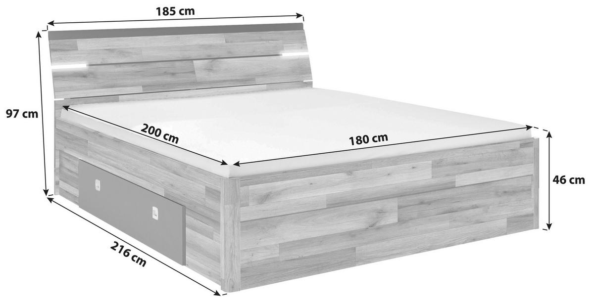 Ágykeret Mars 180/200 Cm - tölgyfa színű/sötétszürke, Konventionell, faalapú anyag (180/200cm) - MID.YOU