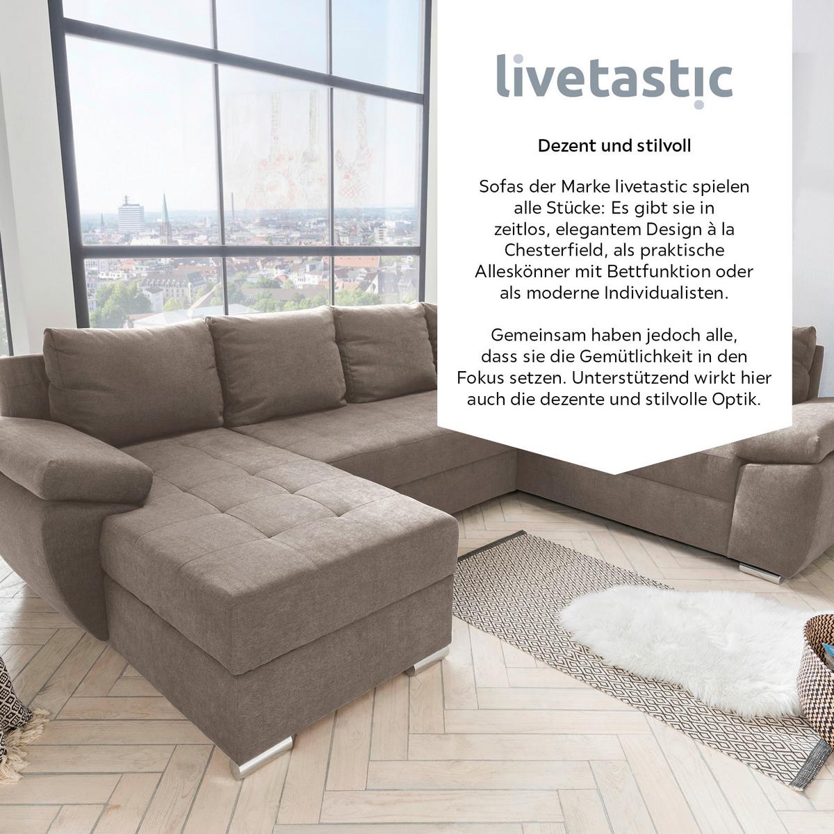 Wohnlandschaft Terana Mit Schlaffunktion, Taupe - Taupe/Chromfarben, KONVENTIONELL, Textil (157/305/219cm) - Livetastic