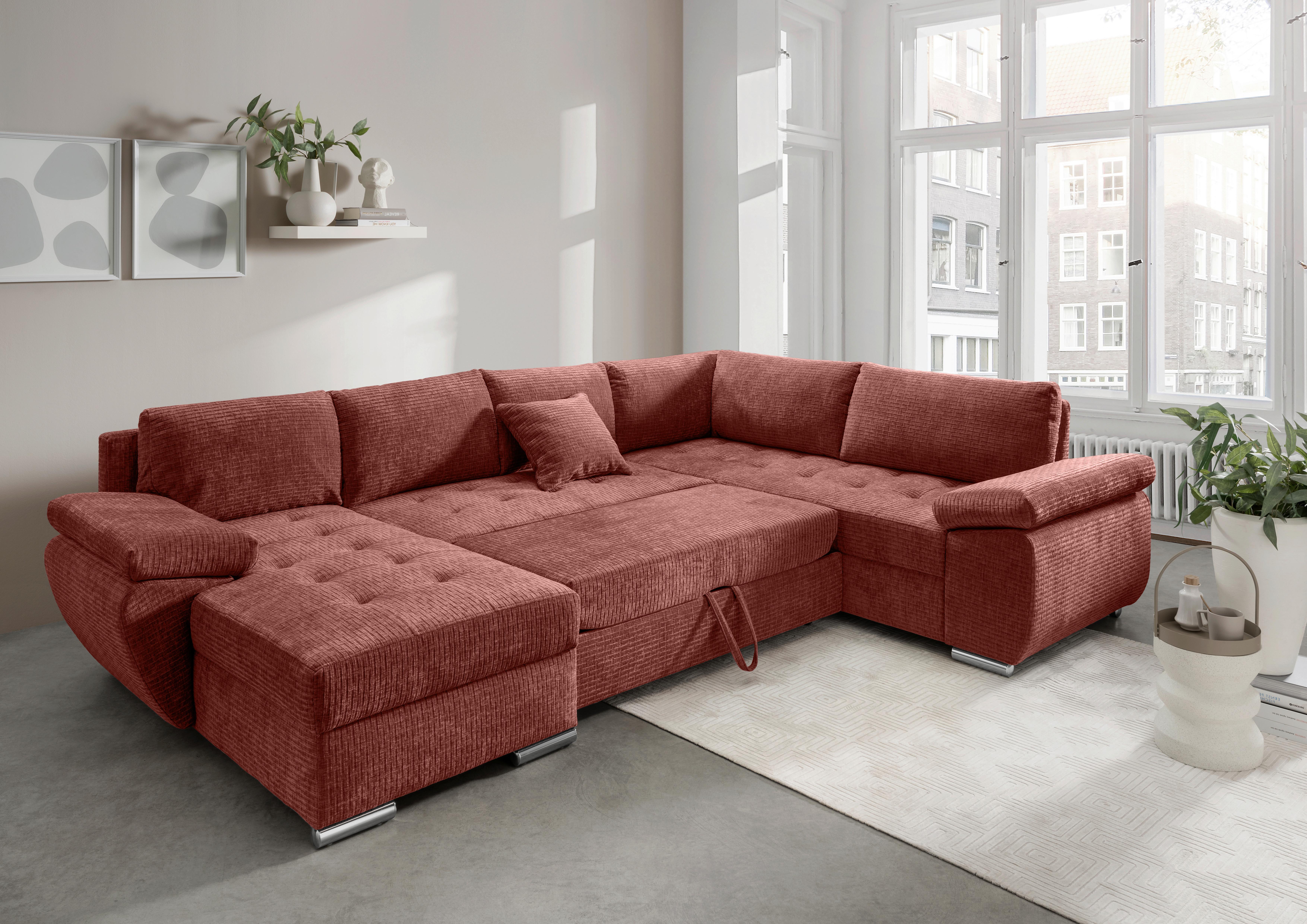 Wohnlandschaft Terana Koralle mit Schlaffunktion, Mikrofaser - Chromfarben/Koralle, KONVENTIONELL, Textil (157/305/219cm) - Livetastic