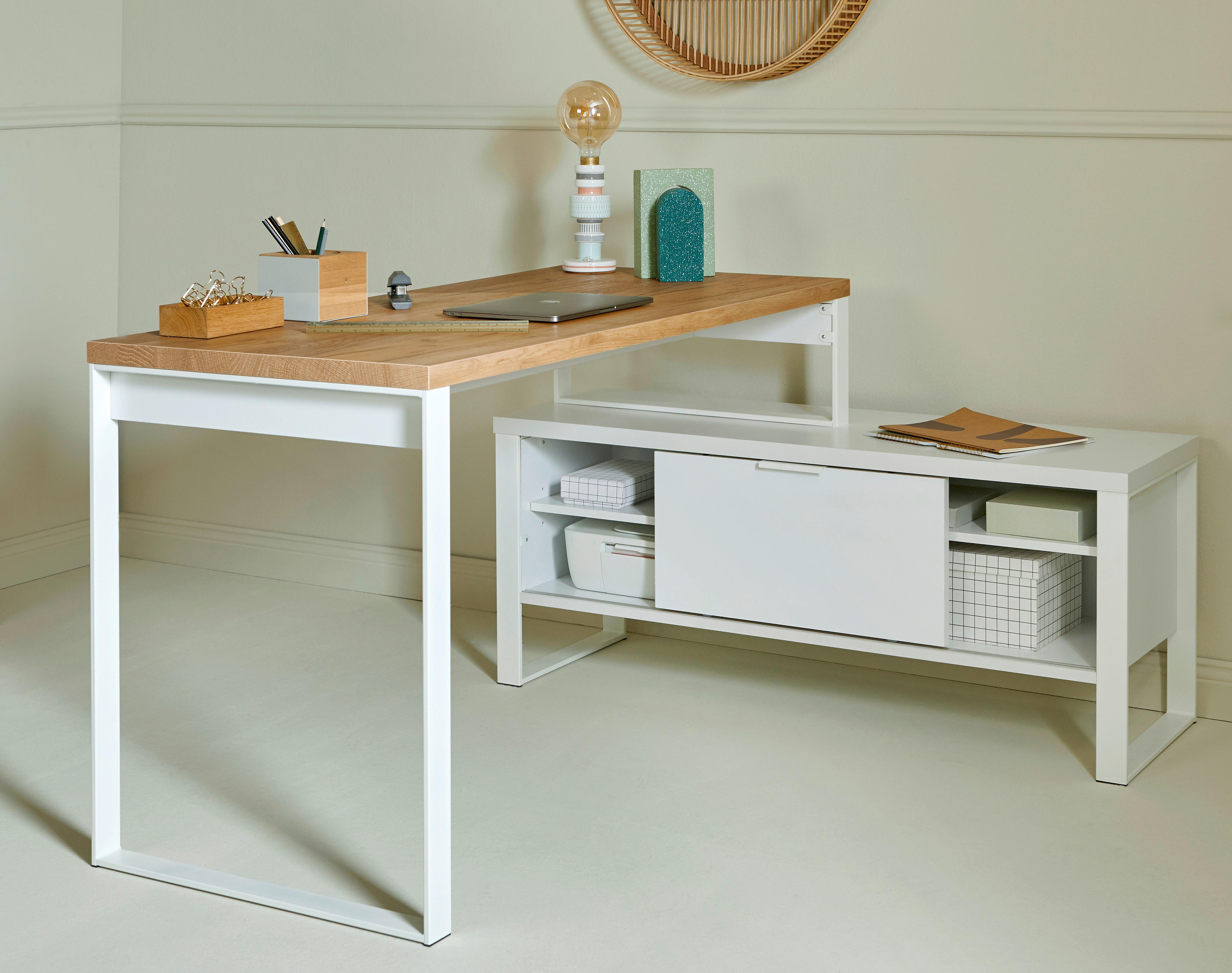 Schreibtisch B 120cm H 76cm Loop D 145 E, Weiß - Eichefarben/Weiß, KONVENTIONELL, Holzwerkstoff/Metall (147/120/76cm) - Livetastic