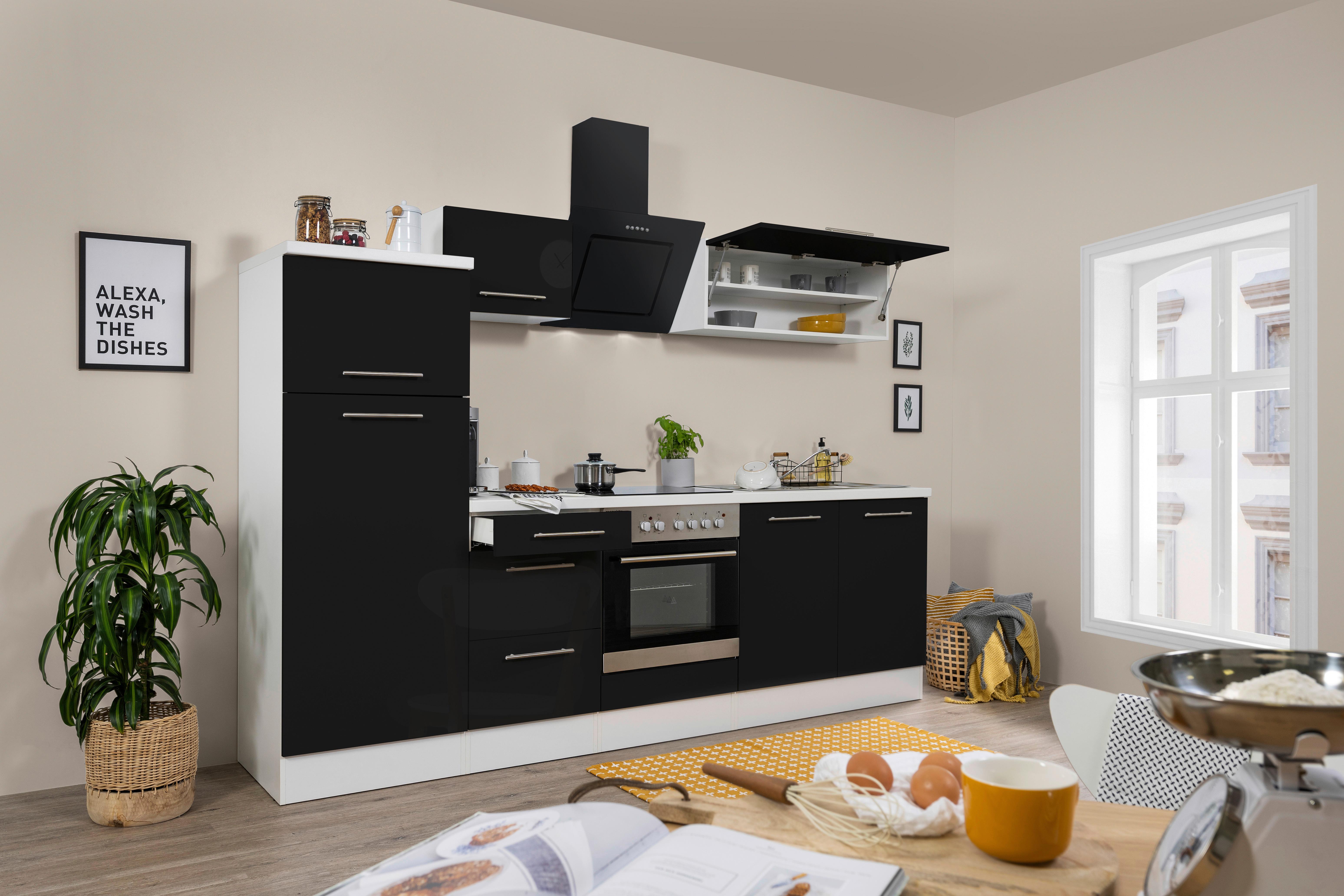Küchenzeile mit Geräten 270 cm Schwarz Hochglanz/Weiß - Schwarz/Weiß, KONVENTIONELL, Holzwerkstoff (270cm) - Respekta