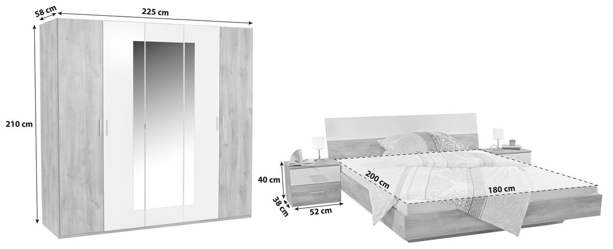 Schlafzimmer-set Katrin 4-tlg. Eiche Dekor/weiß Mit Spiegel - Eichefarben/Weiß, KONVENTIONELL, Holzwerkstoff (180/200cm) - MID.YOU