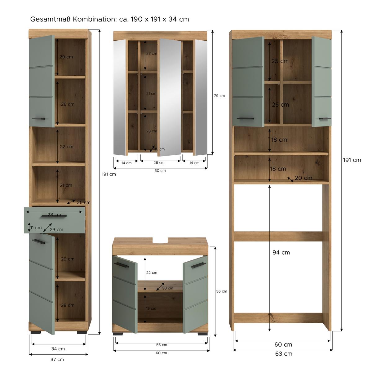 Badezimmer Scout Eiche Artisan Dekor Graugrün - Schwarz/Eiche Artisan, MODERN, Glas/Holzwerkstoff (180cm) - MID.YOU