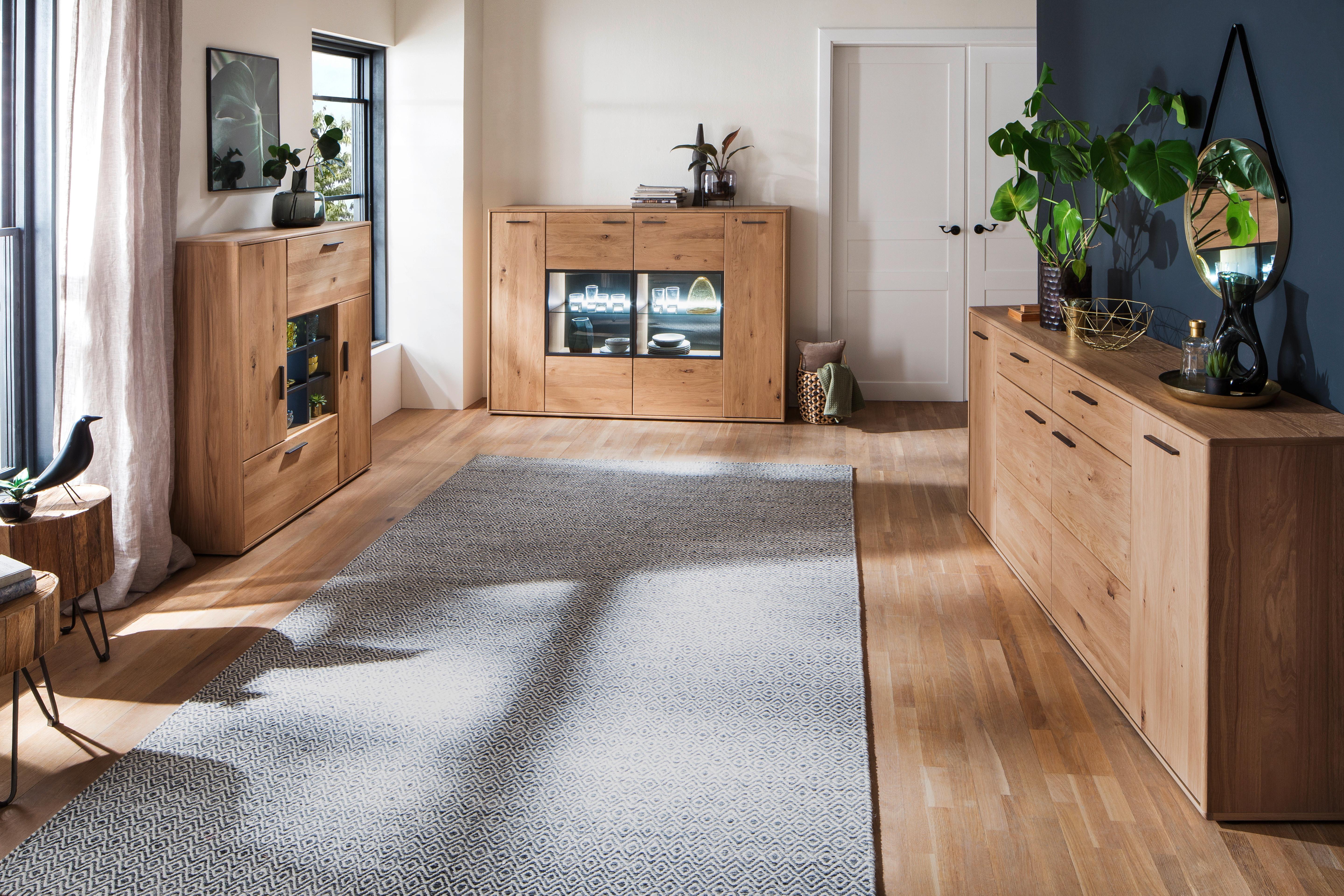 Highboard teilmassiv B: 184 cm Portland Eichefarben - Eichefarben/Anthrazit, Design, Glas/Holz (184/123/37cm) - Livetastic
