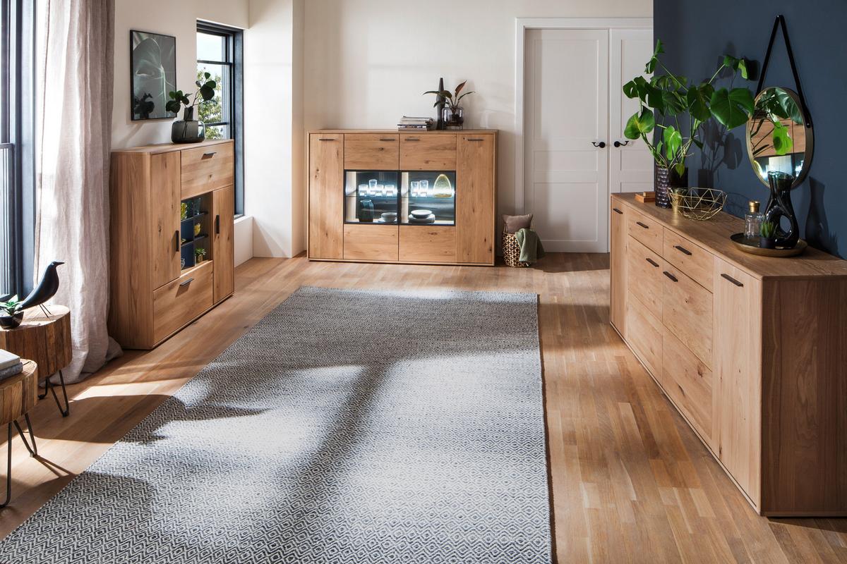 Highboard teilmassiv B: 184 cm Portland Eichefarben - Eichefarben/Anthrazit, Design, Glas/Holz (184/123/37cm) - Livetastic