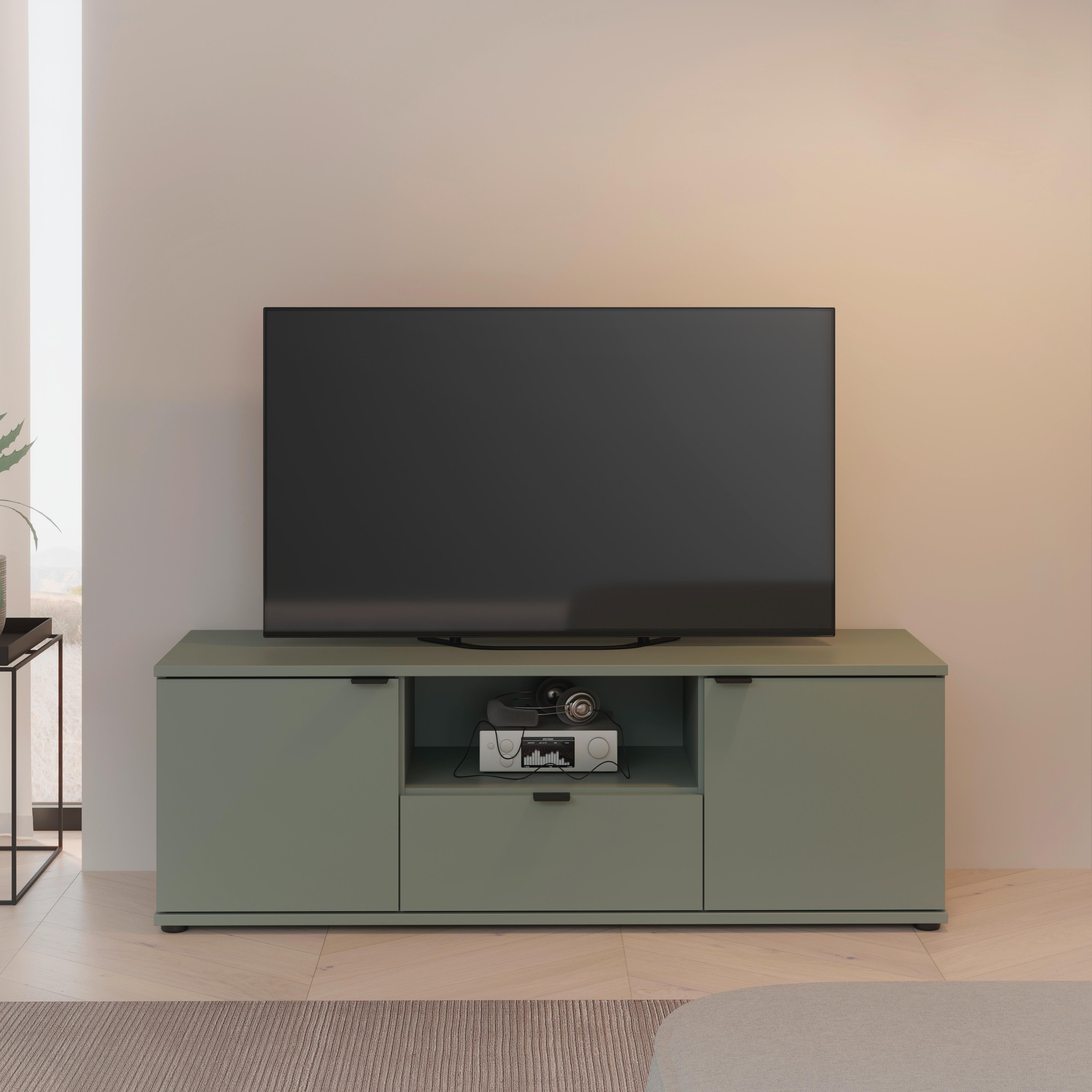 TV diel Ganymede, šalviovozelená, š: 130cm - čierna/šalviovozelená, Modern, kov/kompozitné drevo (129,8/43,9/41,3cm)