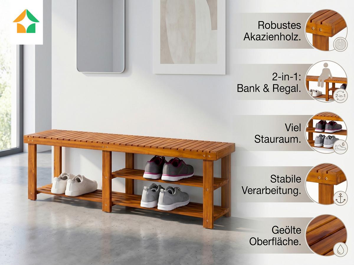 Sitzbank mit Schuhablage 2 in 1 - Akaziefarben, Basics, Holz (70/33/46cm) - Prestige Home