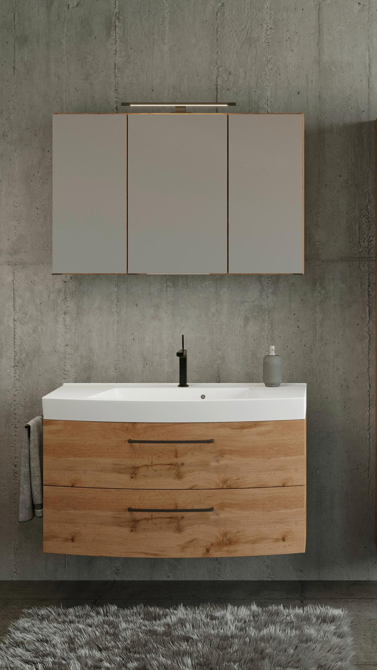 Badmöbel-Set Manchester B: 100 cm Eiche Wotan Dekor - Eichefarben/Weiß, MODERN, Keramik/Holzwerkstoff (100cm) - Held