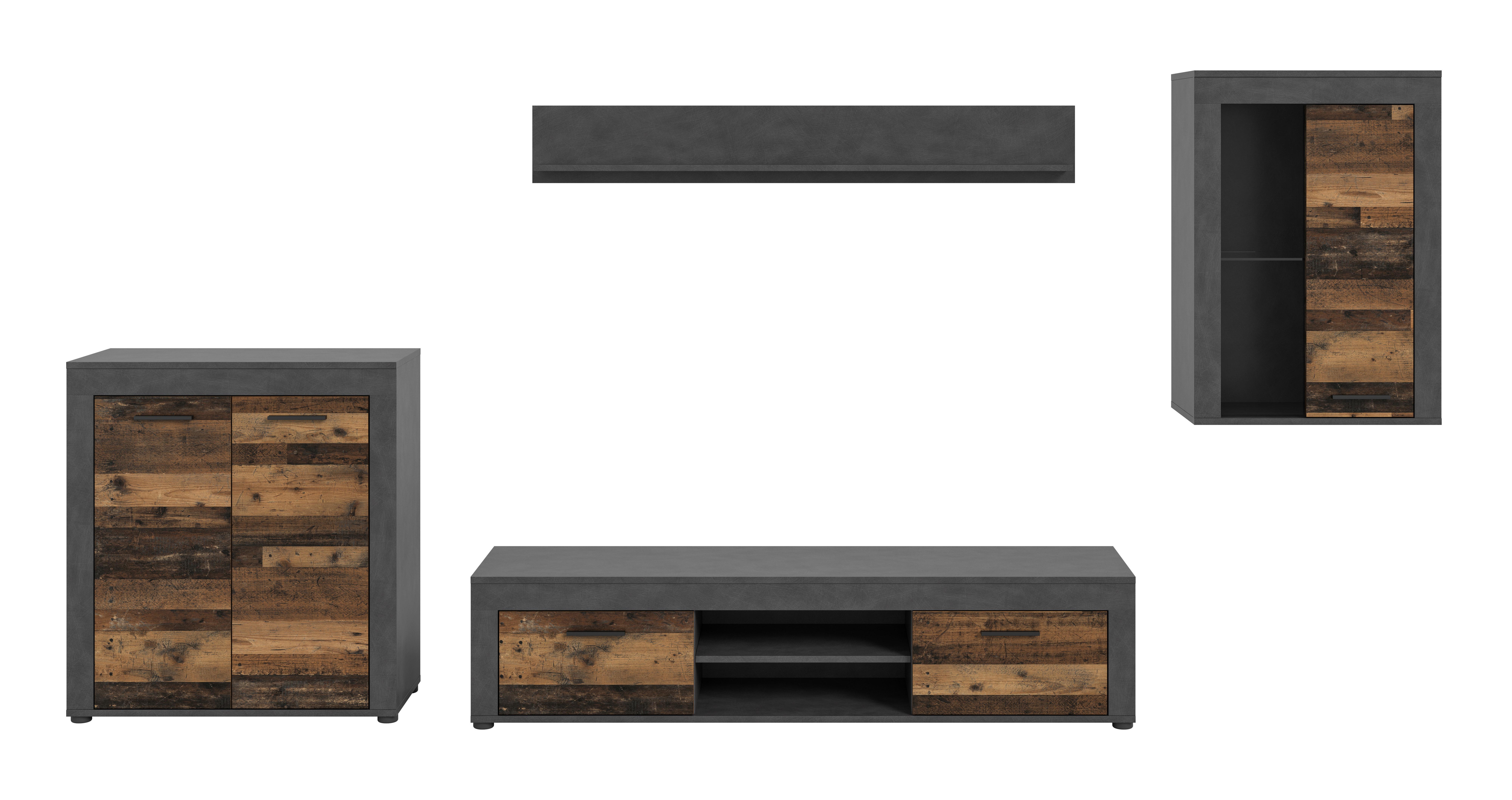 Wohnwand Jam Grau/Naturfarben B: 330 cm - Schwarz/Naturfarben, Design, Glas/Holzwerkstoff (330/169/35cm) - MID.YOU