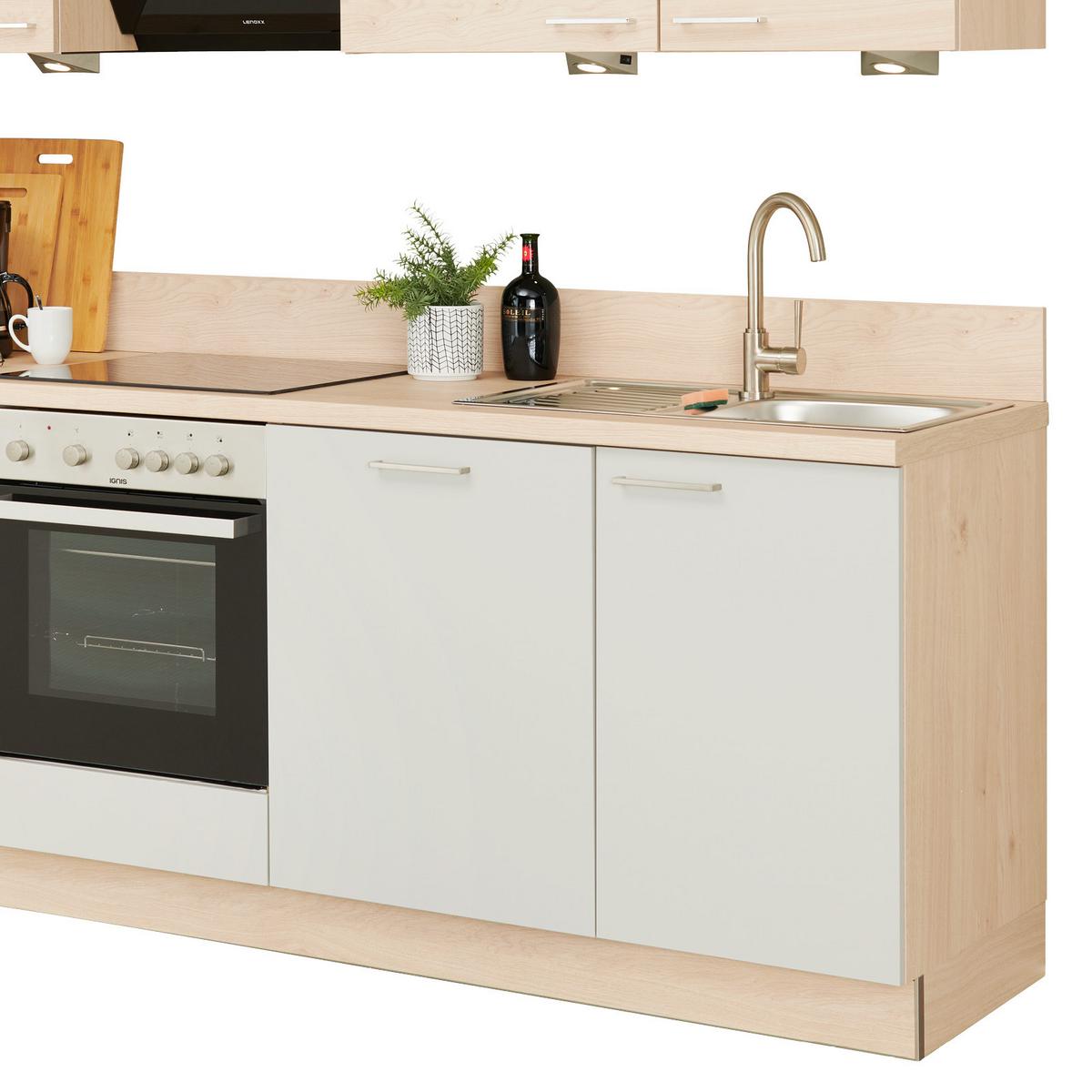 Küchenzeile Win mit Geräten 280 cm Hellgrau/Eiche Dekor - Basics, Holzwerkstoff (280cm) - Express