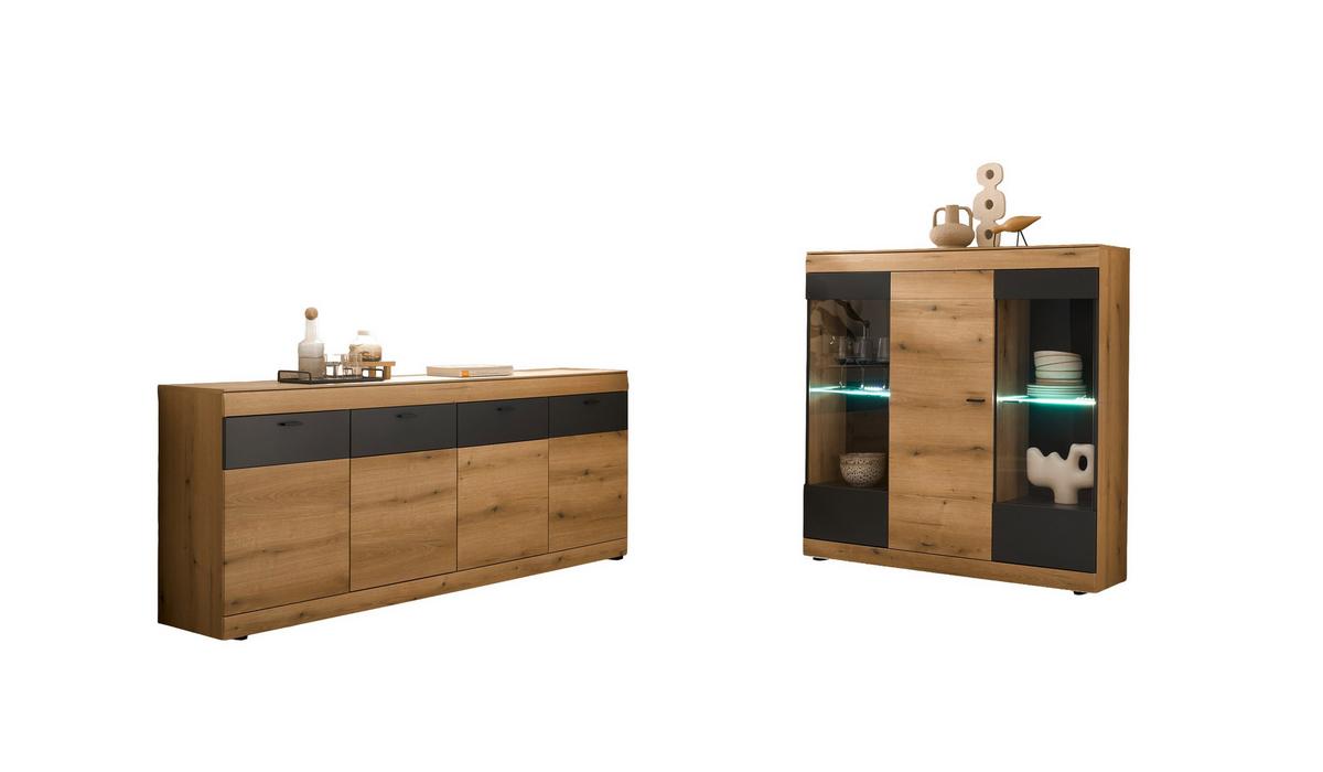 Wohnwand Soleto Graphit/Eiche B: 199,7 - Eichefarben/Schwarz, Design, Glas/Holzwerkstoff (199,7/86,2/42,4cm) - MID.YOU