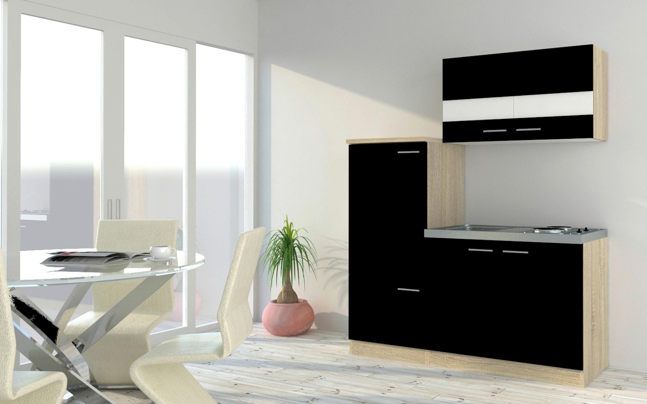 Küchenzeile Economy m. Geräten 160 cm Schwarz/Eiche modern - Edelstahlfarben/Eichefarben, Basics, Holzwerkstoff/Metall (160cm) - Respekta