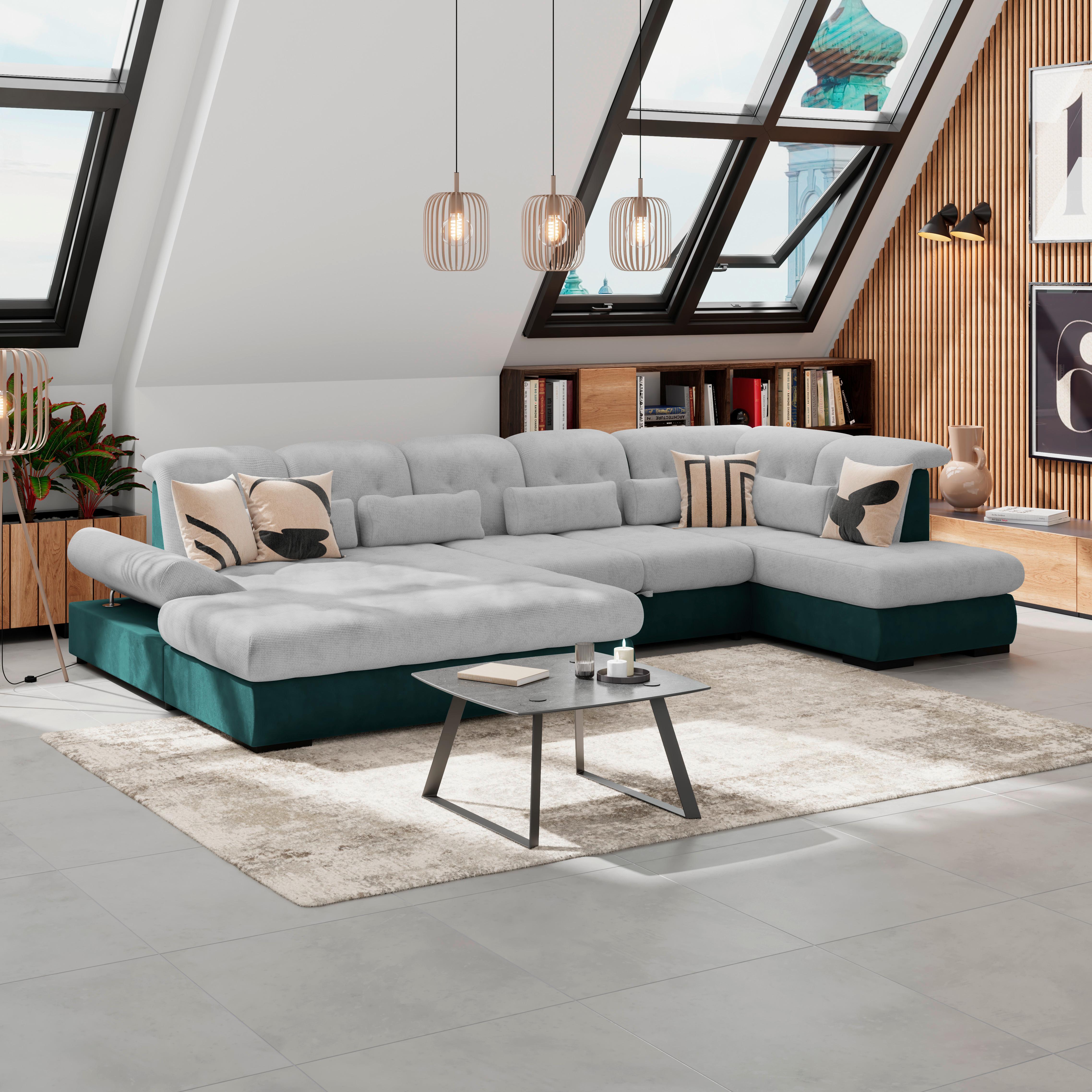 Wohnlandschaft Madera Silberfarben S: 358x212 Cm - Türkis/Silberfarben, KONVENTIONELL, Kunststoff/Textil (190/358/212cm)