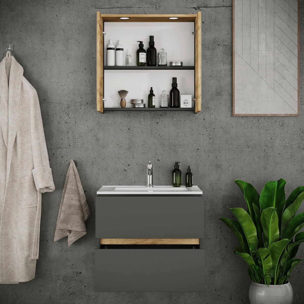 Fürdőszobabútor Cosila - méztölgy színű/antracit, Trend, faalapú anyag/kerámia (61cm) - MID.YOU