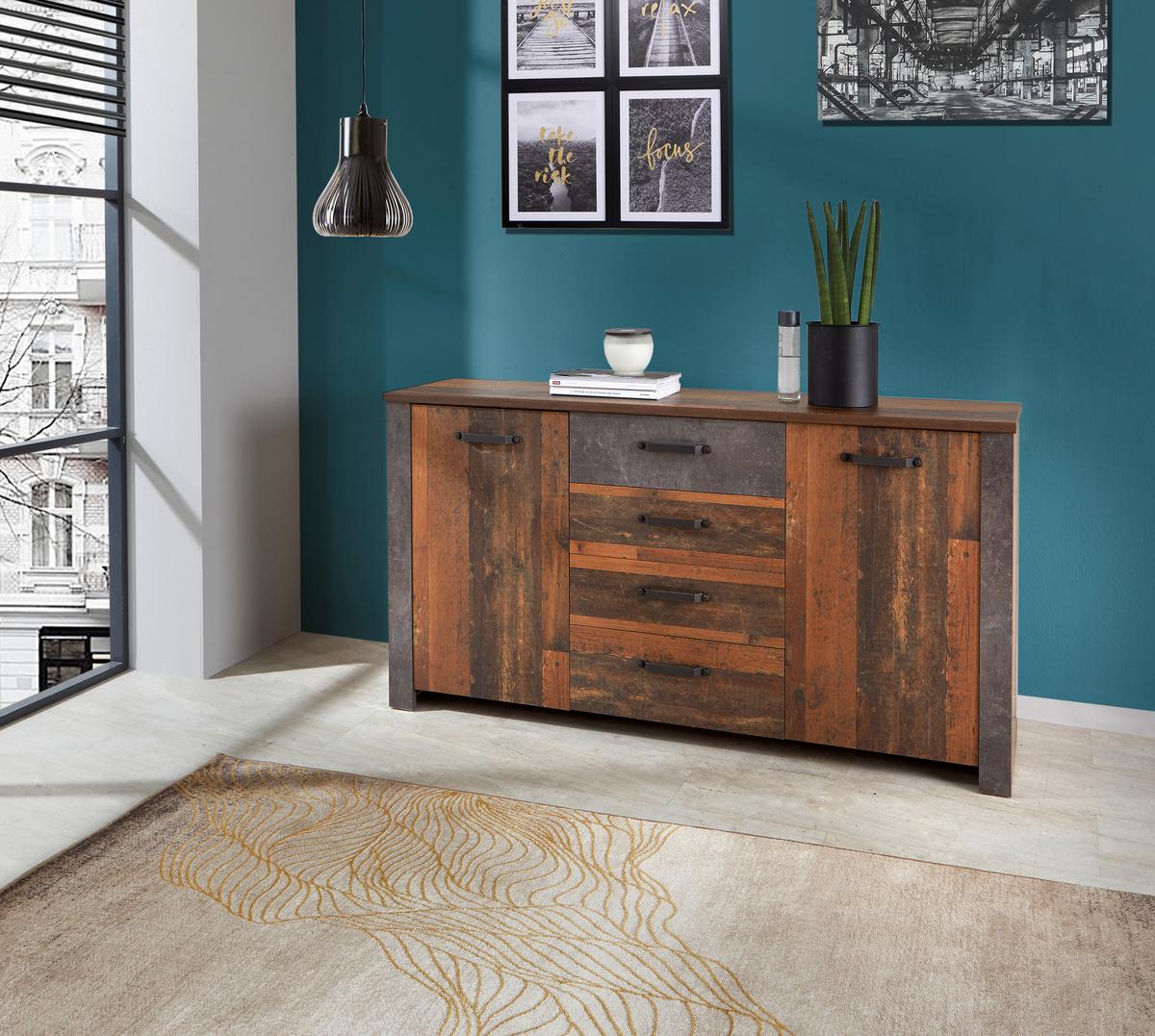 Kommode B: 162 Cm Ontario, Betonoptik Dunkel - Eichefarben/Dunkelgrau, MODERN, Holzwerkstoff (162/86/41,5cm) - Ondega