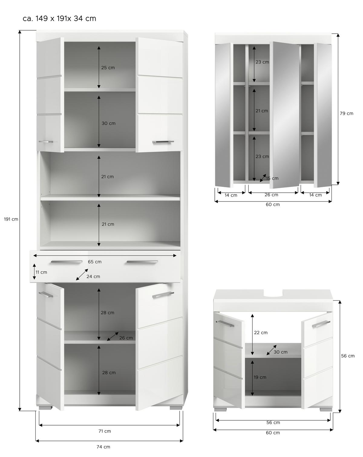Badezimmer Scout Weiß B: 134 Cm - Weiß Hochglanz/Silberfarben, MODERN, Holzwerkstoff (134cm) - MID.YOU