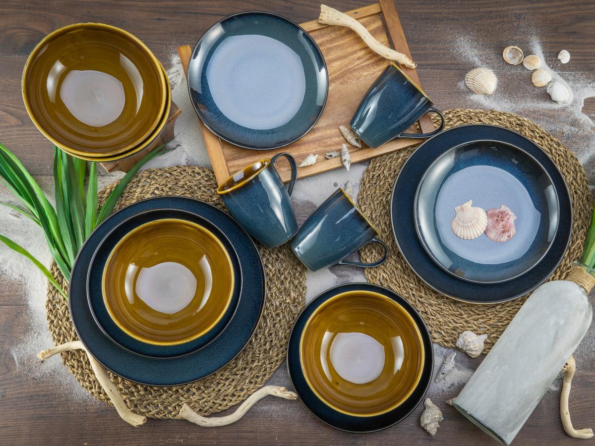 Kombiservice Mallorca Keramik 4 Personen Geschirr Set - Petrol/Braun, Design, Keramik - Creatable