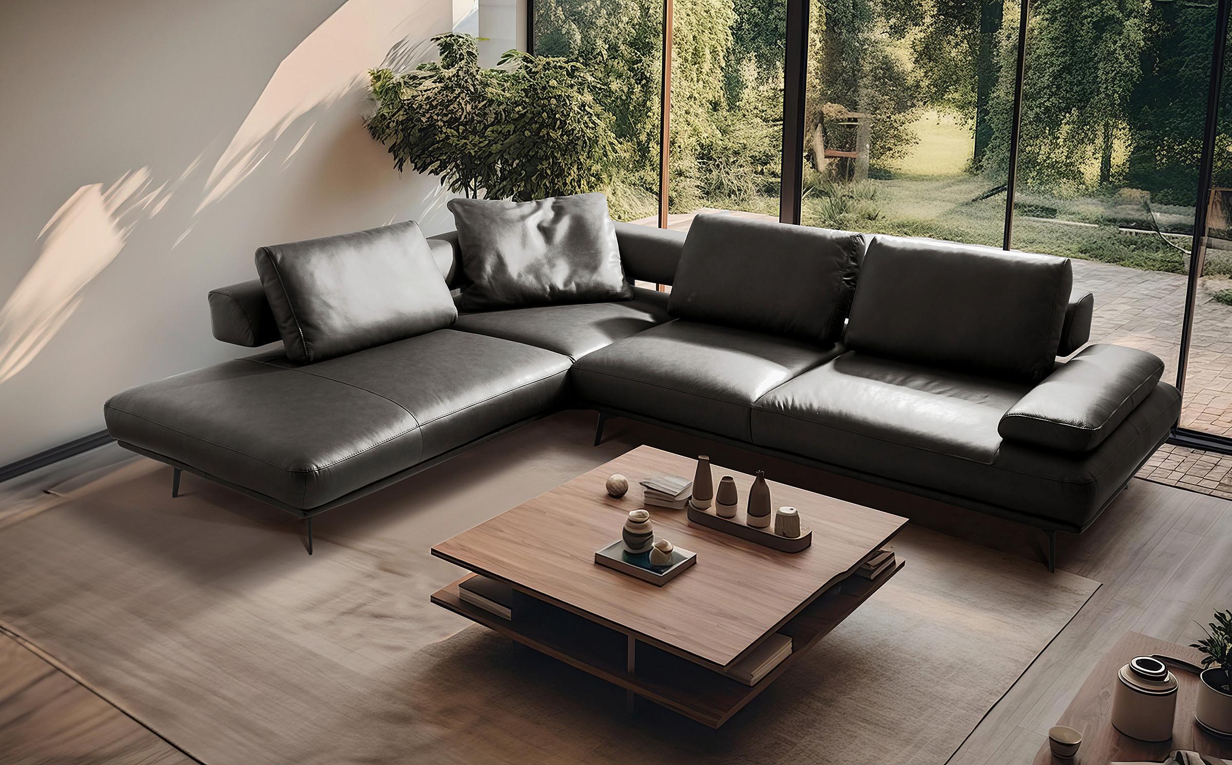 Ecksofa Como Echtleder Anthrazit 237x306 - Anthrazit/Schwarz, Design, Leder (237/306cm) - Livetastic