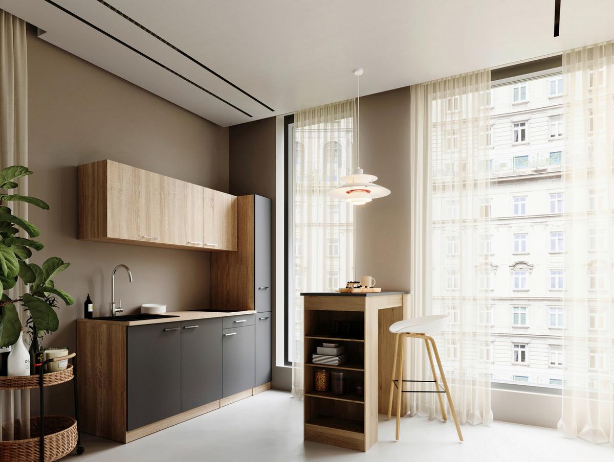 KÜCHENBLOCK Ingrid, Grau B: 180 cm - Eichefarben/Grau, Design, Holzwerkstoff (180cm) - Respekta