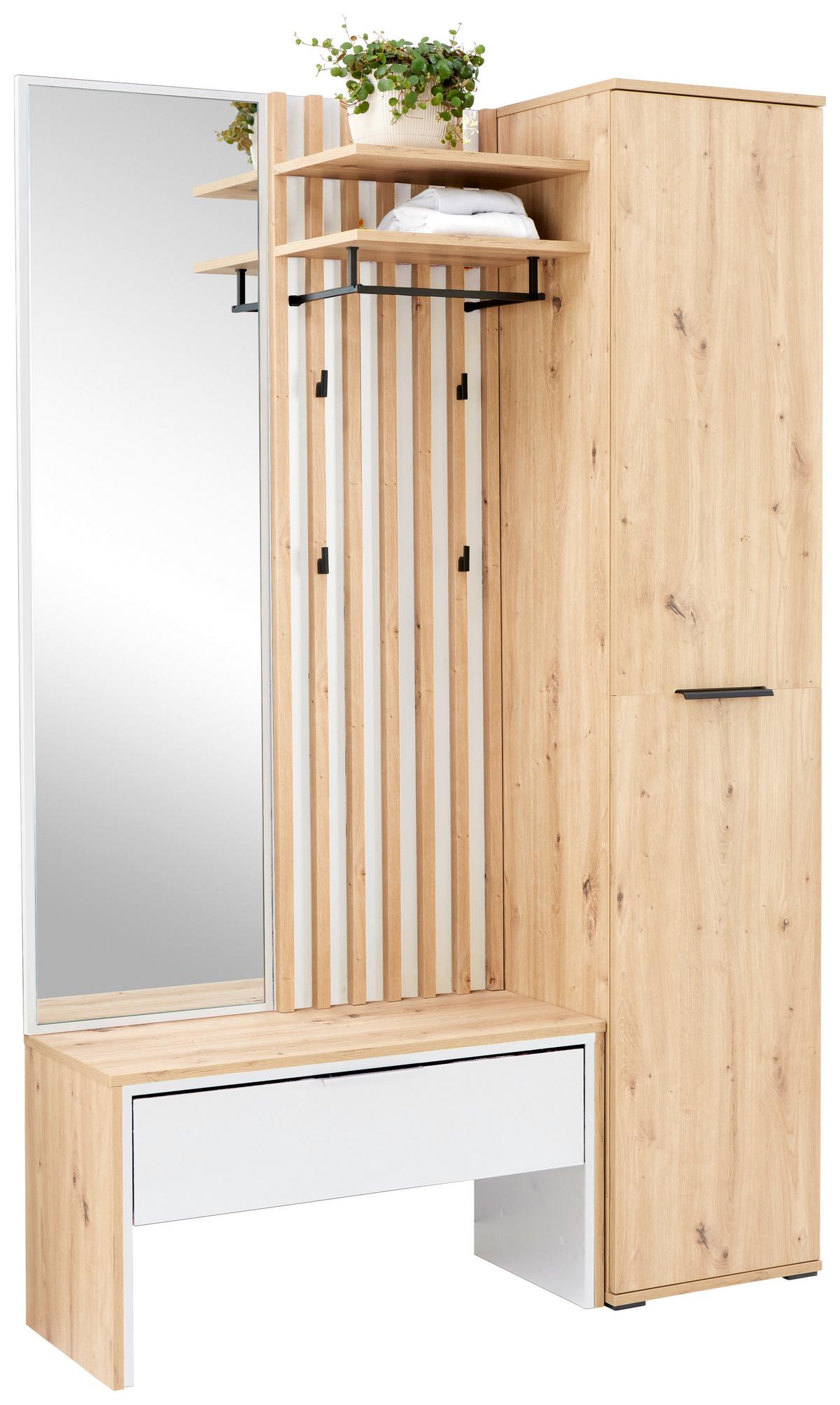 Garderobe Madera Weiß/eichefarben B: 122 Cm - Weiß/Eiche Artisan, Trend, Holzwerkstoff (122/190/38cm)