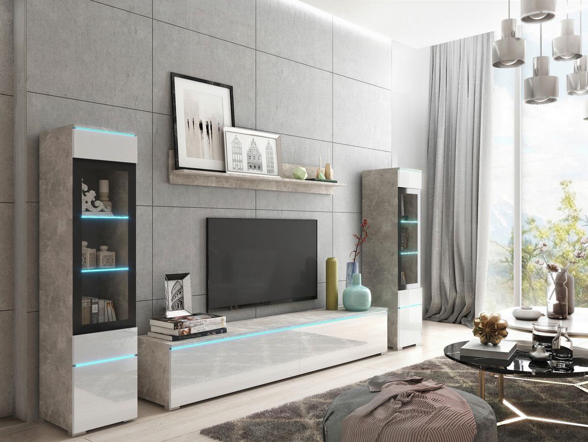 Obývací stěna s LED bílá VL/dekor beton - šedá/vysoce lesklá bílá, Lifestyle, kompozitní dřevo/plast (240/130/33cm) - P & B
