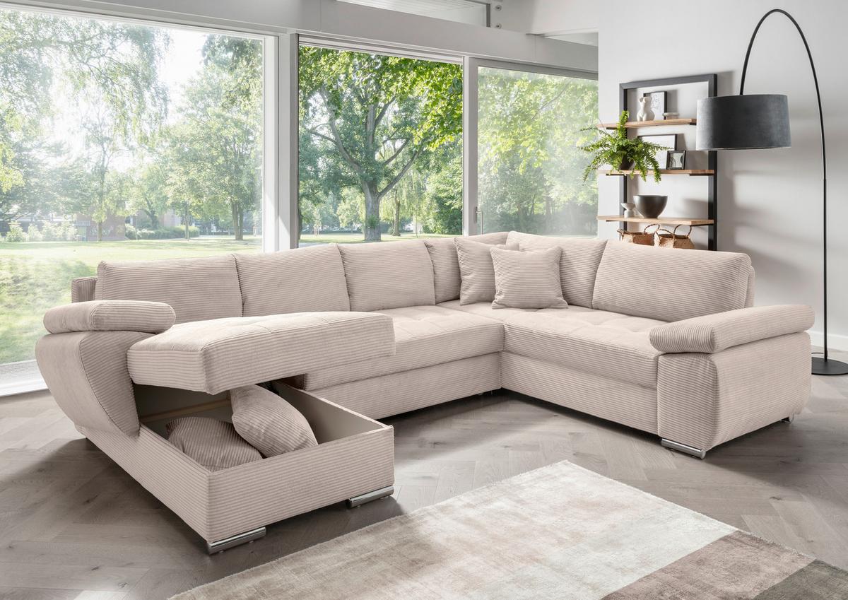 Wohnlandschaft Terana mit Schlaffunktion, Beige - Chromfarben/Beige, KONVENTIONELL, Textil (157/305/219cm) - P & B