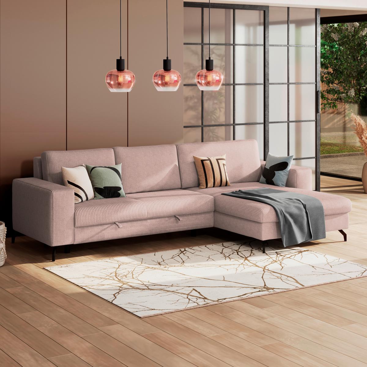 Ecksofa mit Schlaffunktion & Bettkasten Cloud Rosa Cord - Rosa, Trend, Textil (290/178cm)