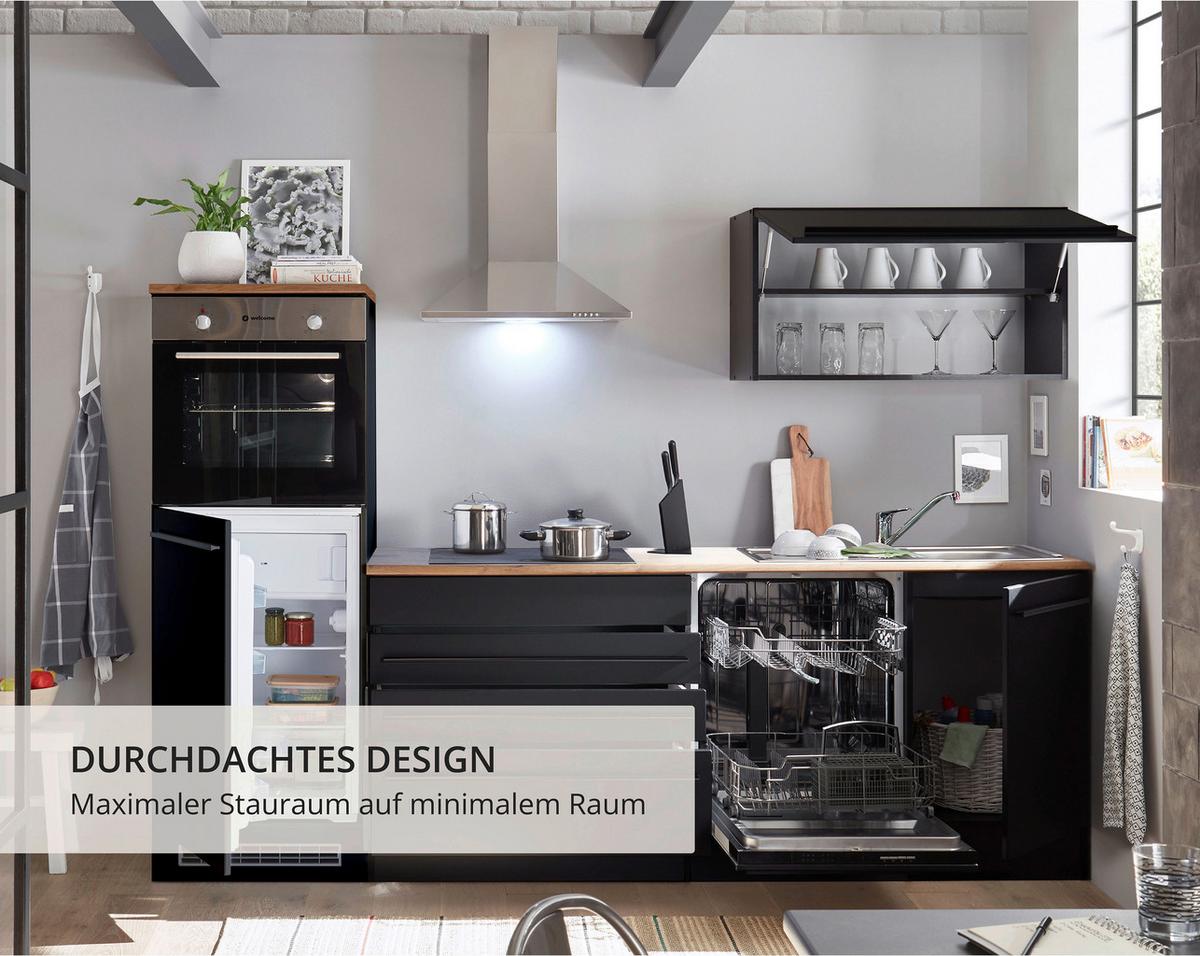 Küchenzeile Jazz mit Geräte B: 260 cm Schwarz/Eiche Dekor - Eichefarben/Schwarz, LIFESTYLE, Holzwerkstoff (260cm) - MID.YOU
