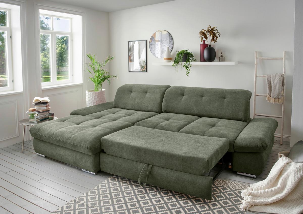 Ecksofa Dalida Dunkelgrün S: 196x300cm - Chromfarben/Dunkelgrün, Design, Textil (196/300cm) - Livetastic