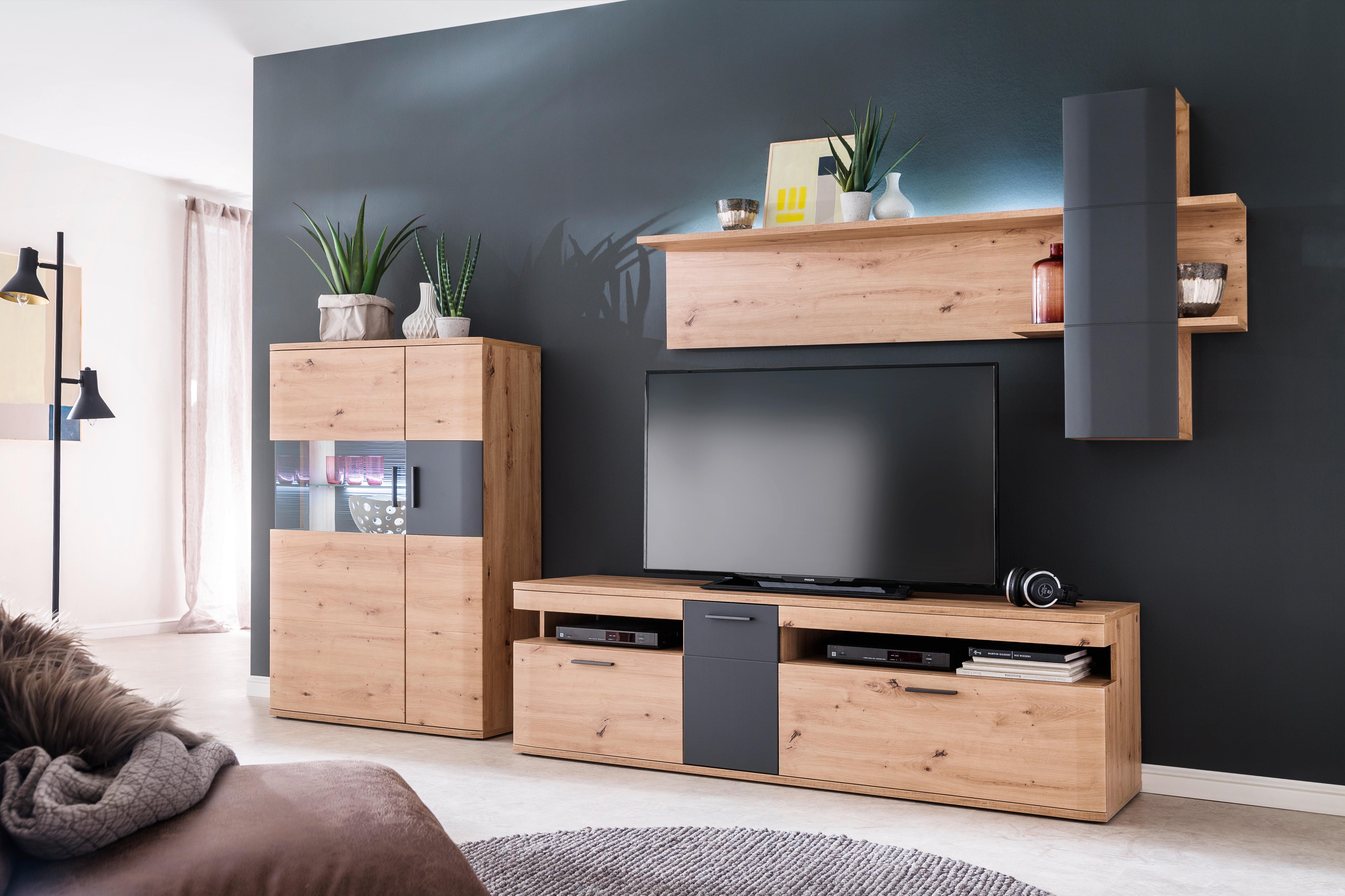 Wohnkombination 3-Tlg. Cortona Anthrazit/Eichefarben - Klar/Eichefarben, Design, Glas/Holzwerkstoff (310/198/50cm) - Livetastic