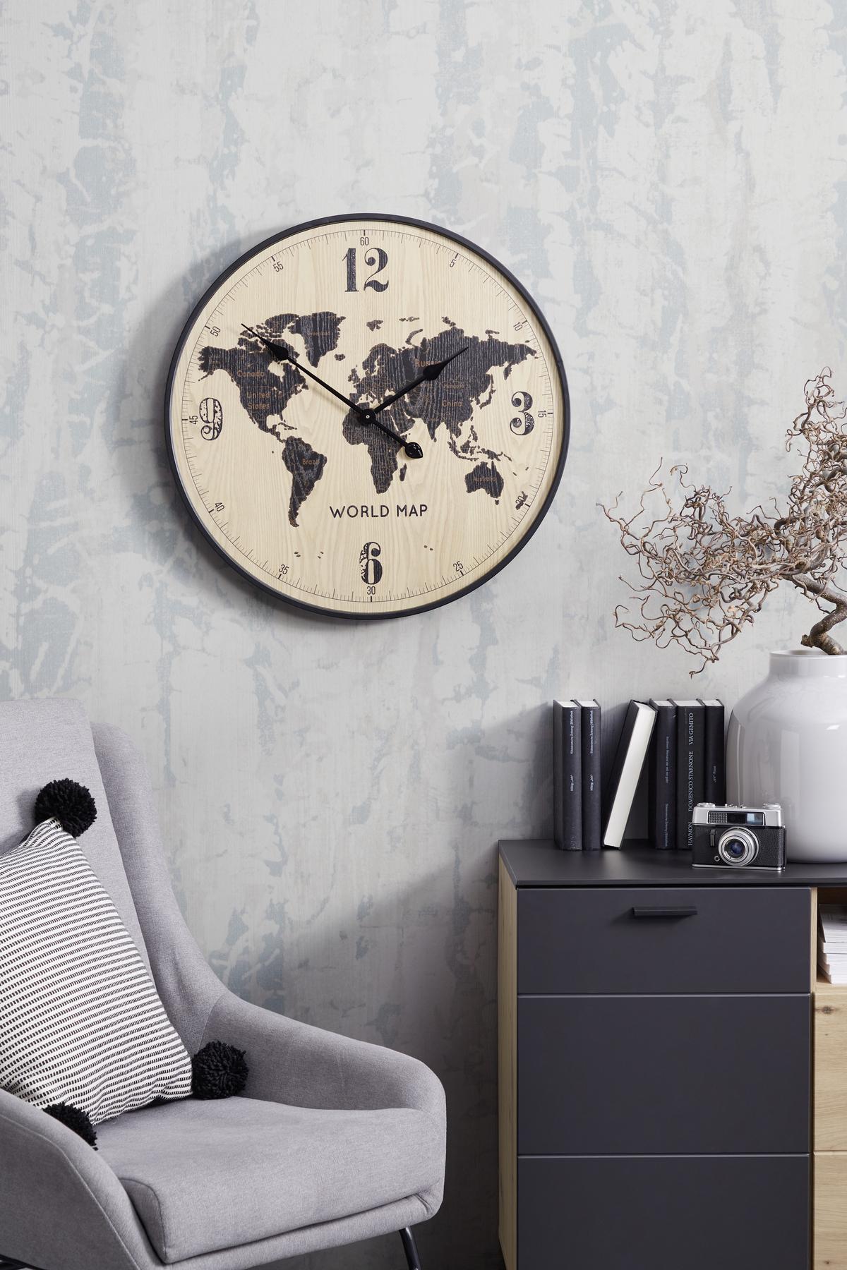 Wanduhr Aras Ø 60 Cm Analog Natur/schwarz Eisen Weltkarte - Schwarz, Basics, Holzwerkstoff/Metall (60cm) - Luca Bessoni