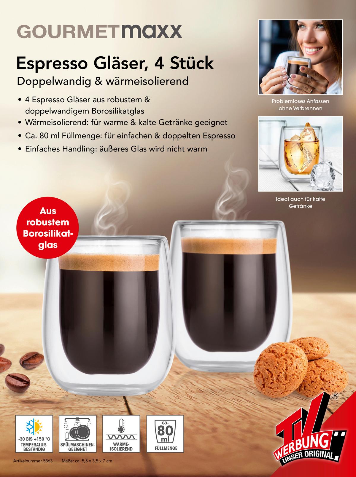 Gläser Doppelwandig, 4er-Set, Je ca. 80 ml - Transparent, Basics, Glas (5,5/6,5/7,5cm)