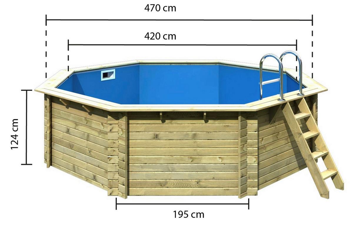 Schwimmbecken Achteckig Ibiza 3 mit Leiter, Pumpe Ø 470 cm - Blau/Naturfarben, Basics, Holz (470/124cm) - Karibu