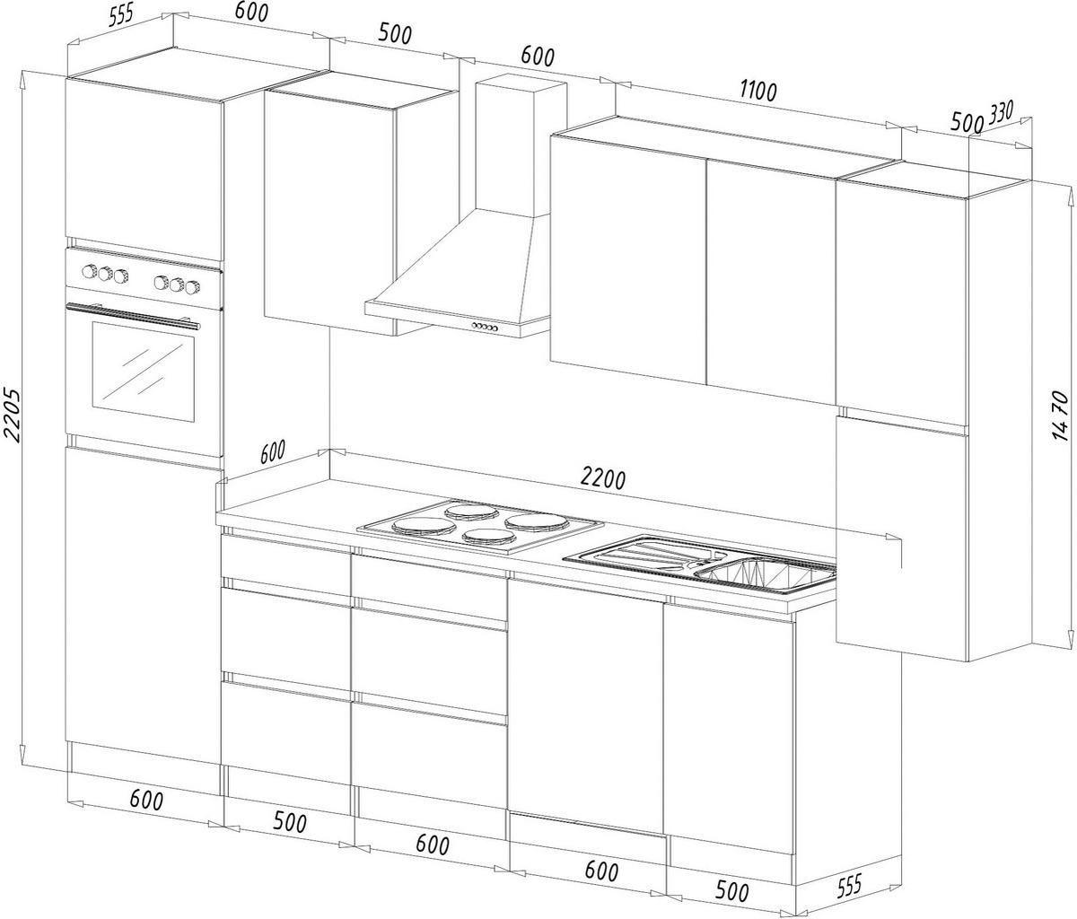 Küchenzeile Premium mit Geräten 330 cm Grau/Eiche Dekor - Eichefarben/Grau, Basics, Holzwerkstoff (330cm) - Respekta