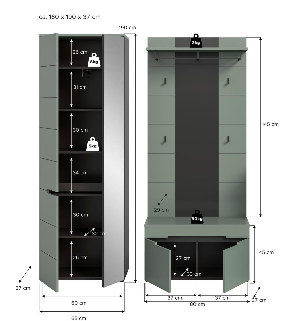 Garderobe Canu 3-teilig Grau/grün B: 160 Cm - Design, Holzwerkstoff (160/190/37cm) - Livetastic