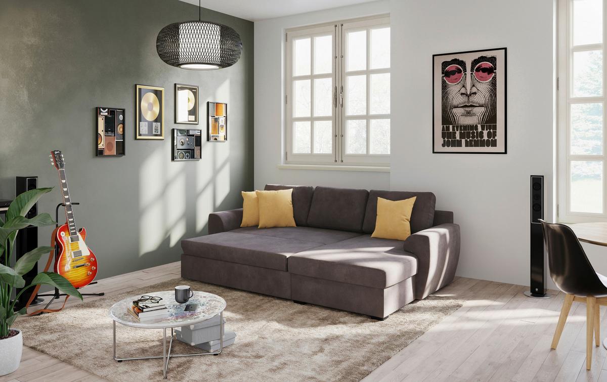 Ecksofa mit Bettfunktion Mikrofaser schwarz, B: 253cm - Schwarz/Braun, Trend, Textil (253/154cm) - MID.YOU