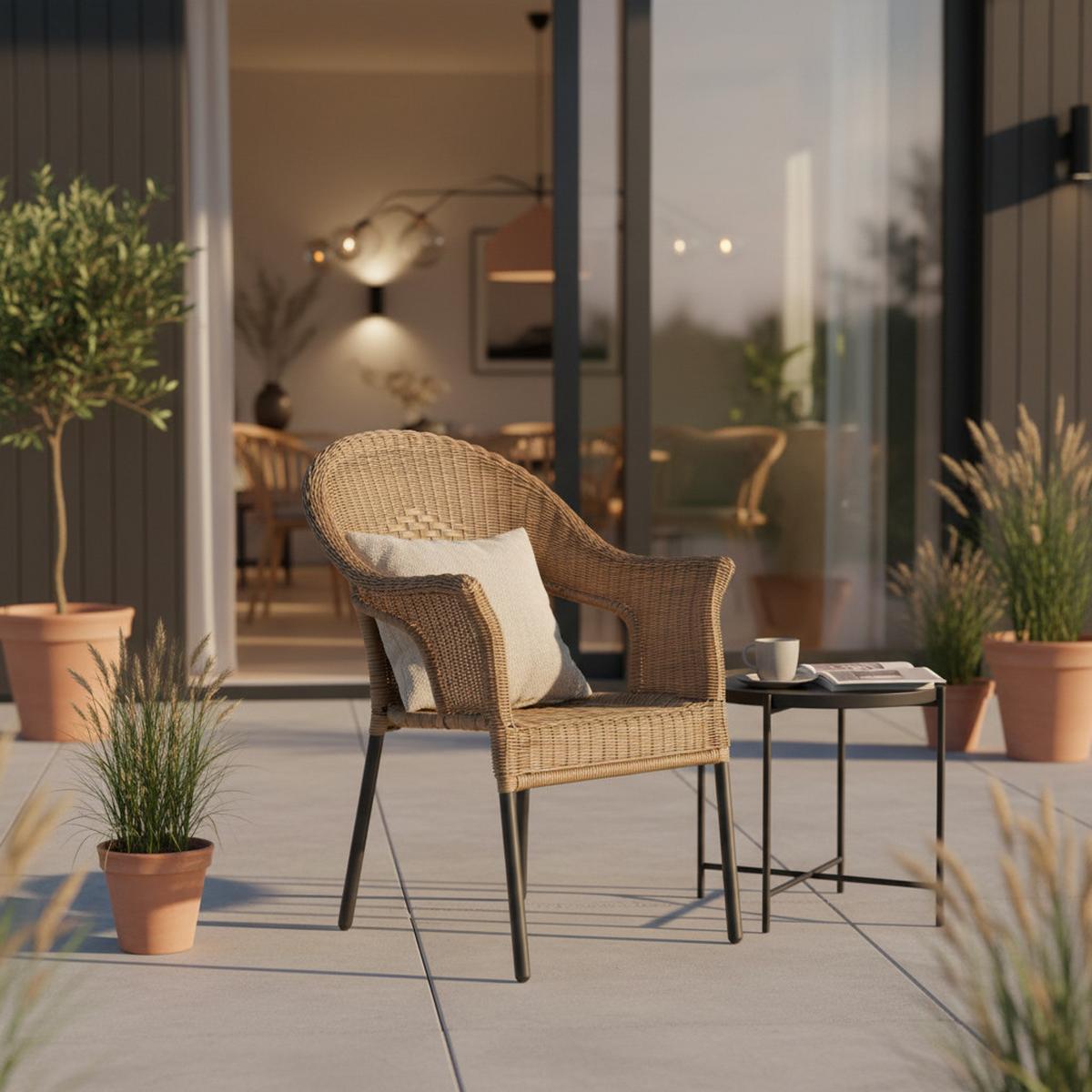 Gartensessel 2er-set Stapelbar Ravenna Kunststoffgeflecht - Graphitfarben/Naturfarben, ROMANTIK / LANDHAUS, Kunststoff/Metall (67/87/61cm) - Gardenson
