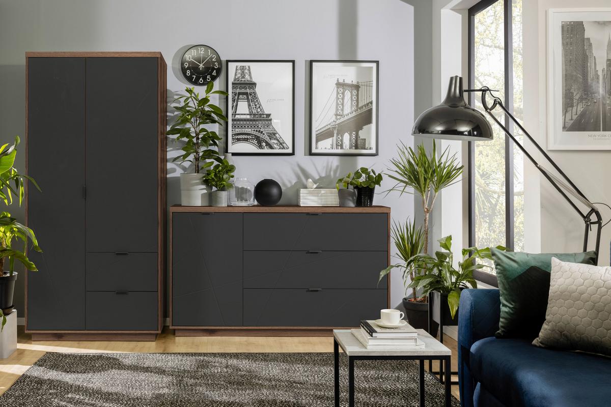 Drehtürenschrank Mit Schubladen 94cm Forn Schwarz - Eichefarben/Schwarz, MODERN, Holzwerkstoff (94/200,5/56,5cm) - MID.YOU