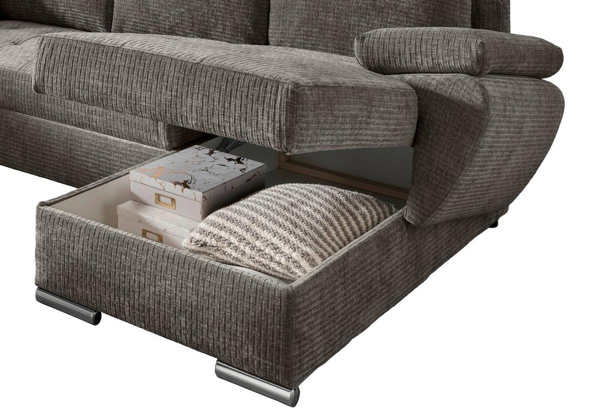 Wohnlandschaft Terana Graubr. mit Schlaffunktion, Mikrofaser - Chromfarben/Graubraun, KONVENTIONELL, Textil (219/305/157cm) - Livetastic
