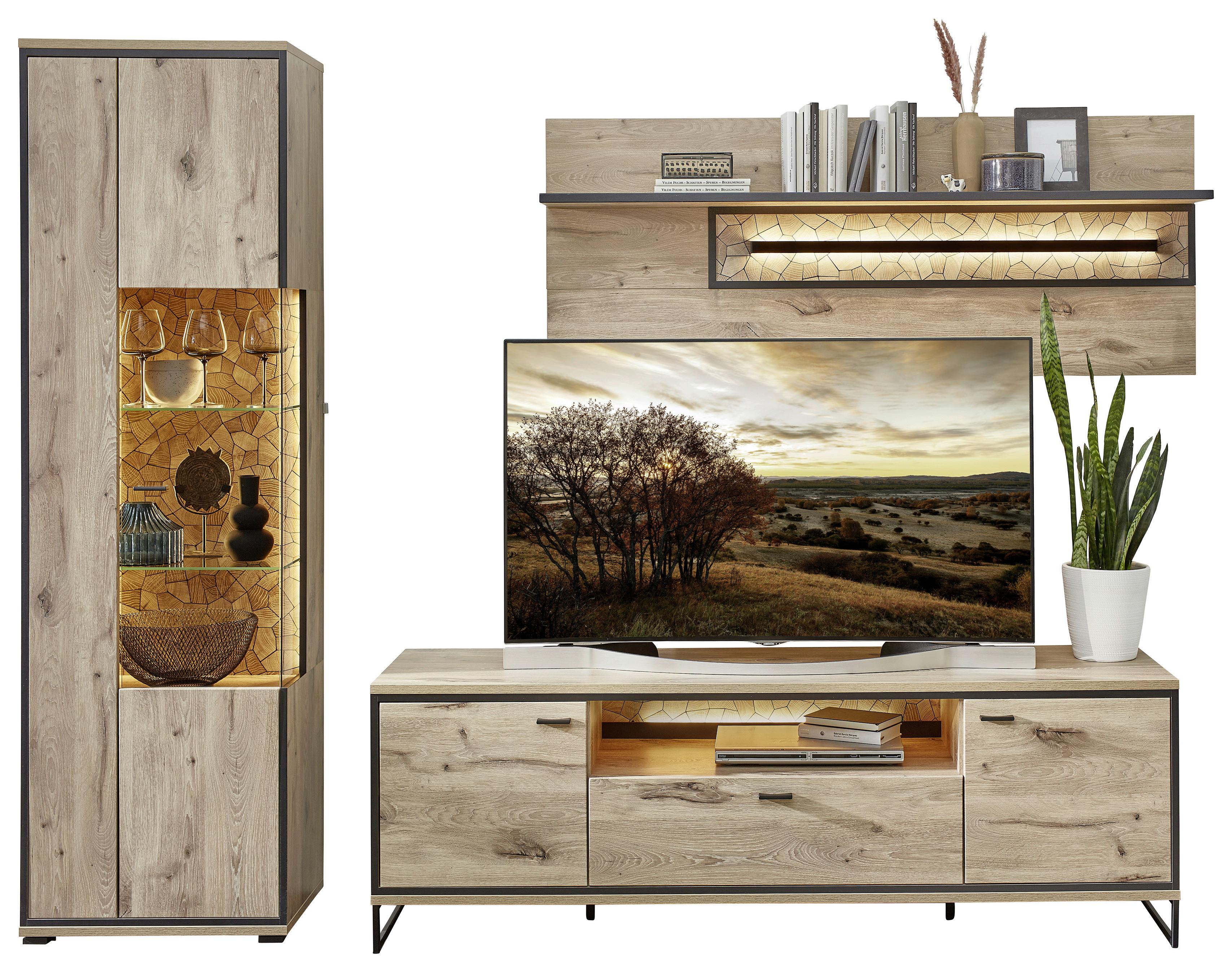 Wohnwand Ruben - Eichefarben/Schwarz, KONVENTIONELL, Glas/Holzwerkstoff (270/205/49cm) - Livetastic