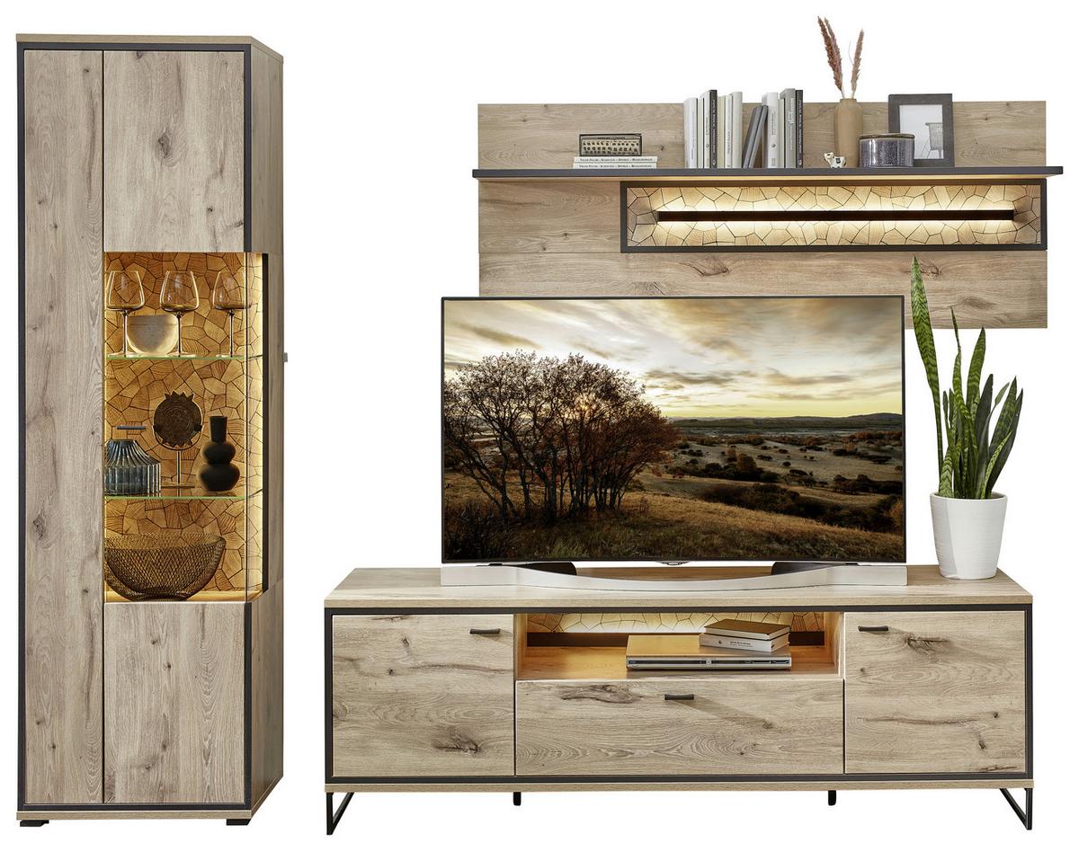 Wohnwand Ruben - Eichefarben/Schwarz, KONVENTIONELL, Glas/Holzwerkstoff (270/205/49cm) - Livetastic